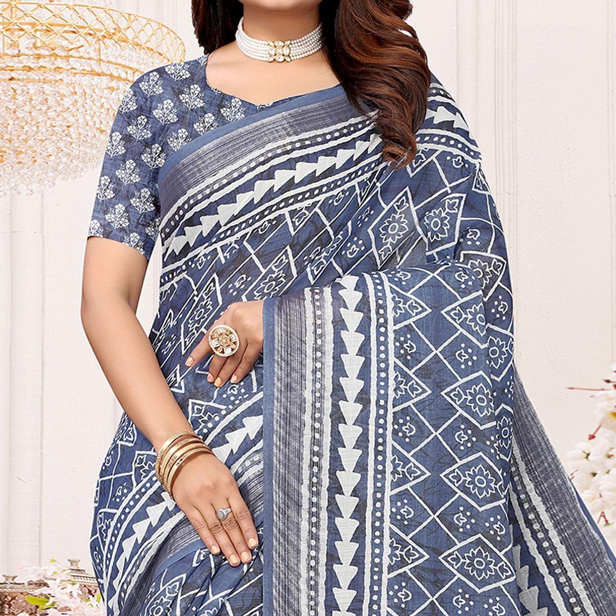 Blue Printed Linen Saree - Peachmode