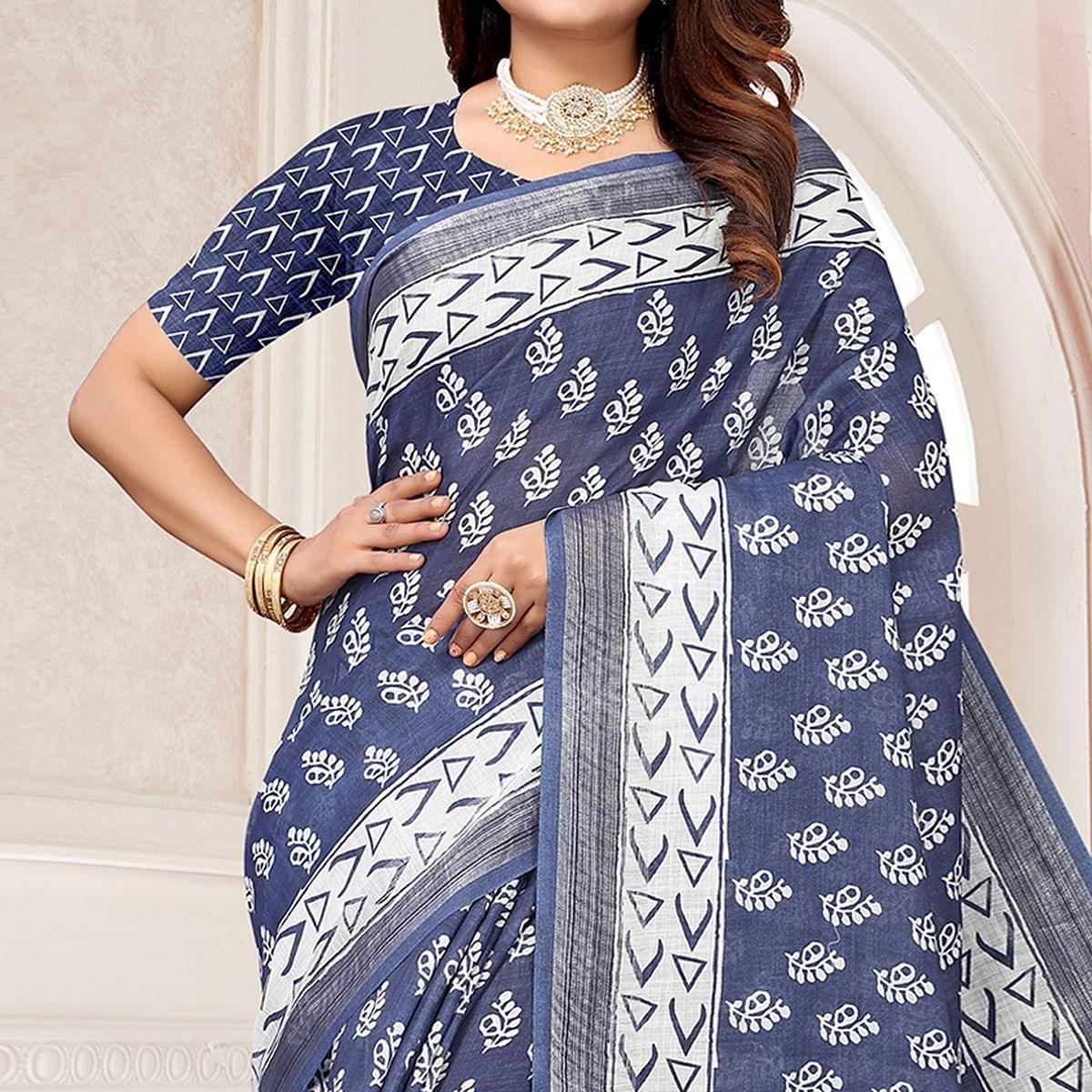 Blue Printed Linen Saree - Peachmode