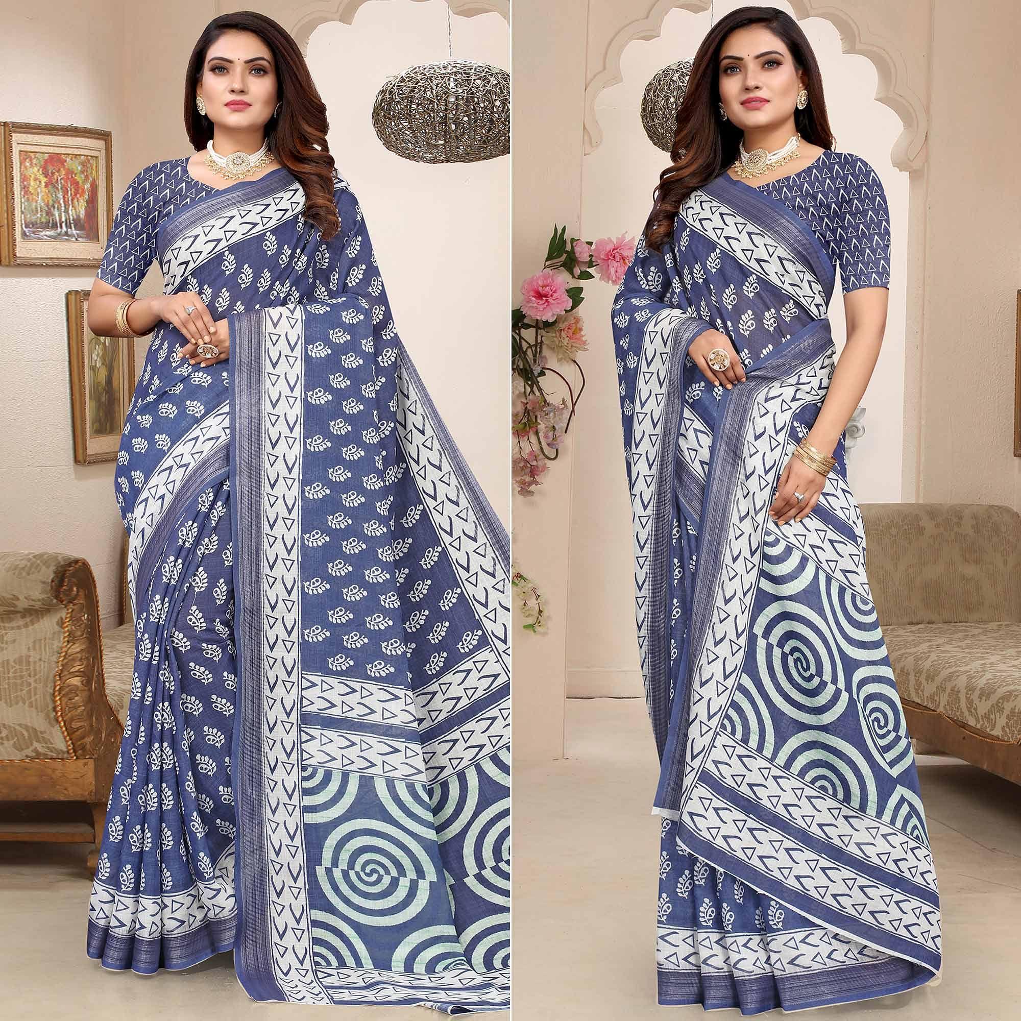 Blue Printed Linen Saree - Peachmode