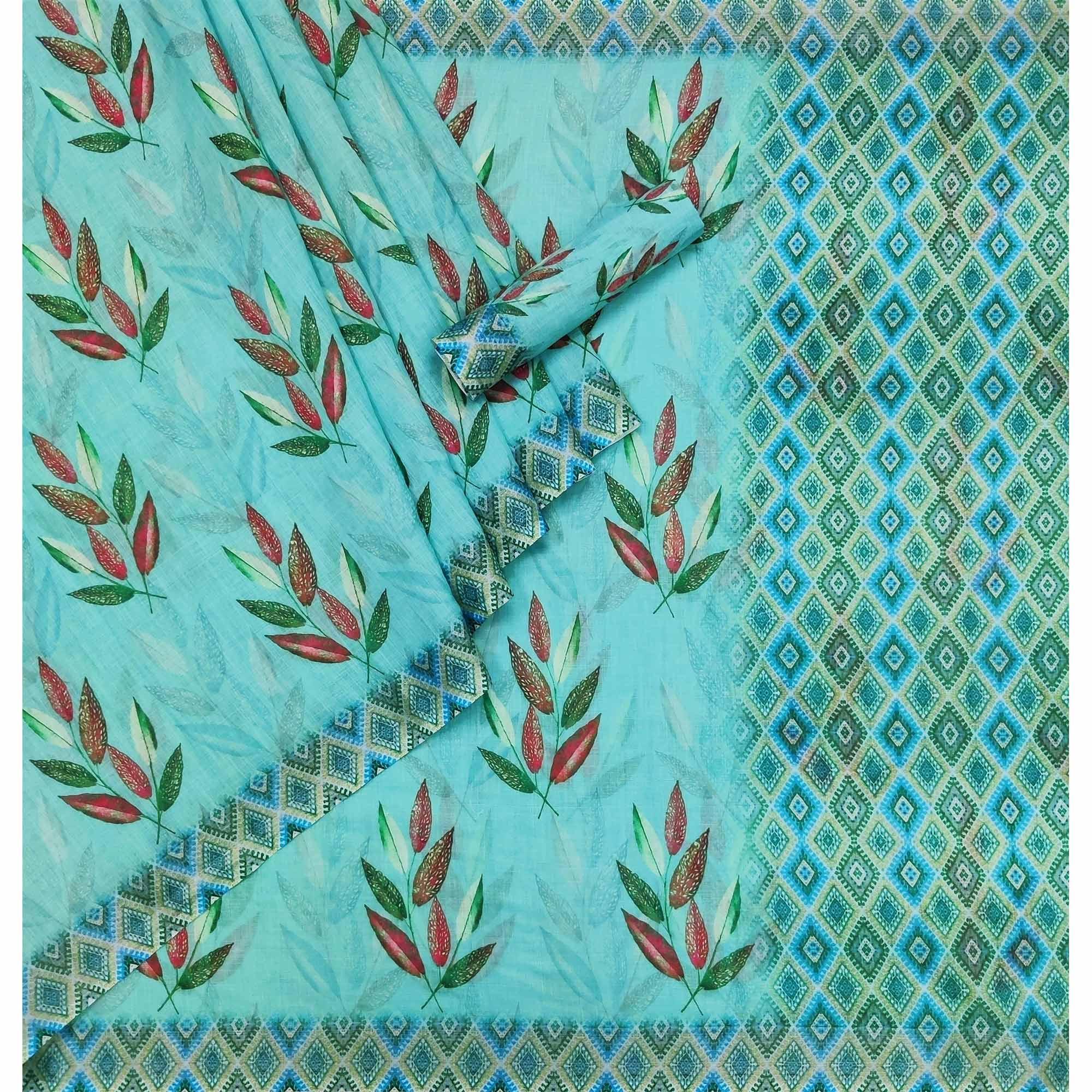 Blue Printed Linen Saree - Peachmode