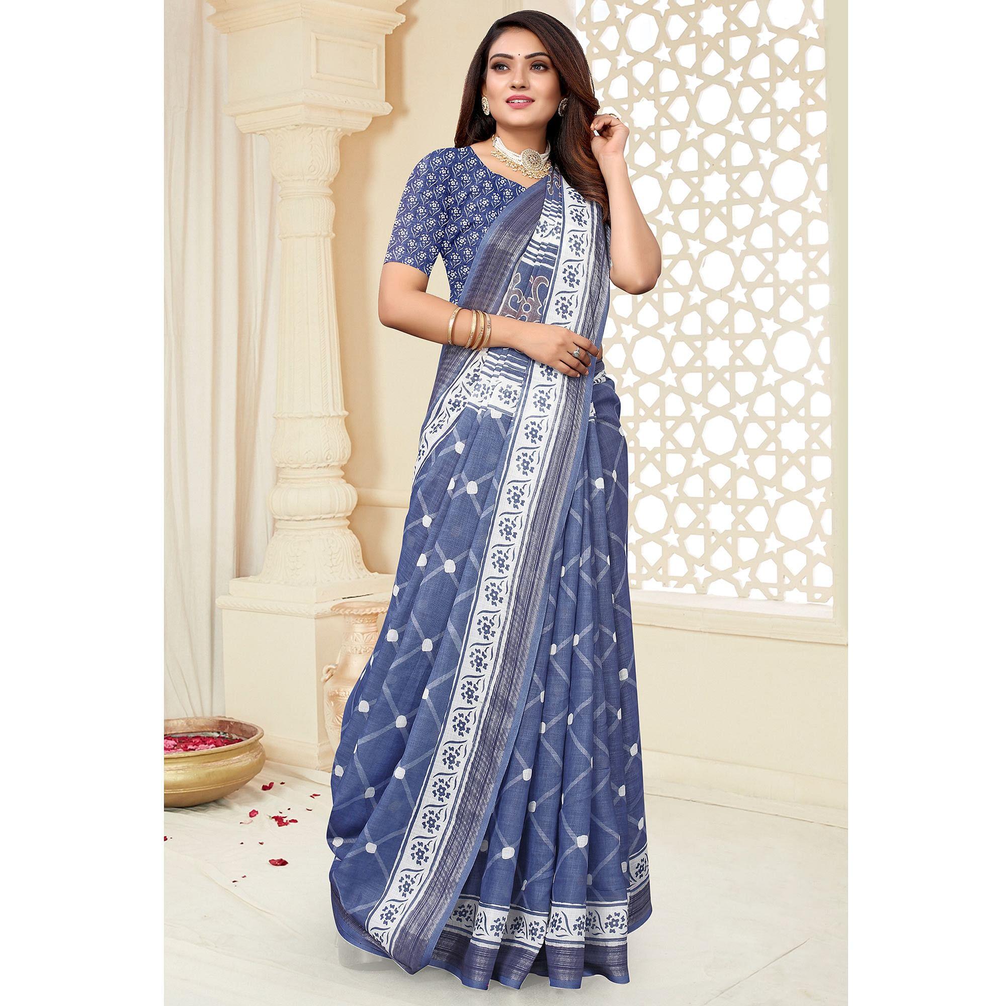 Blue Printed Linen Saree - Peachmode