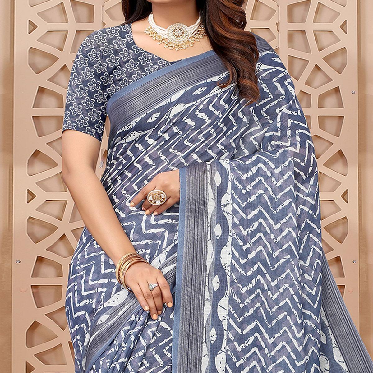 Blue Printed Linen Saree - Peachmode