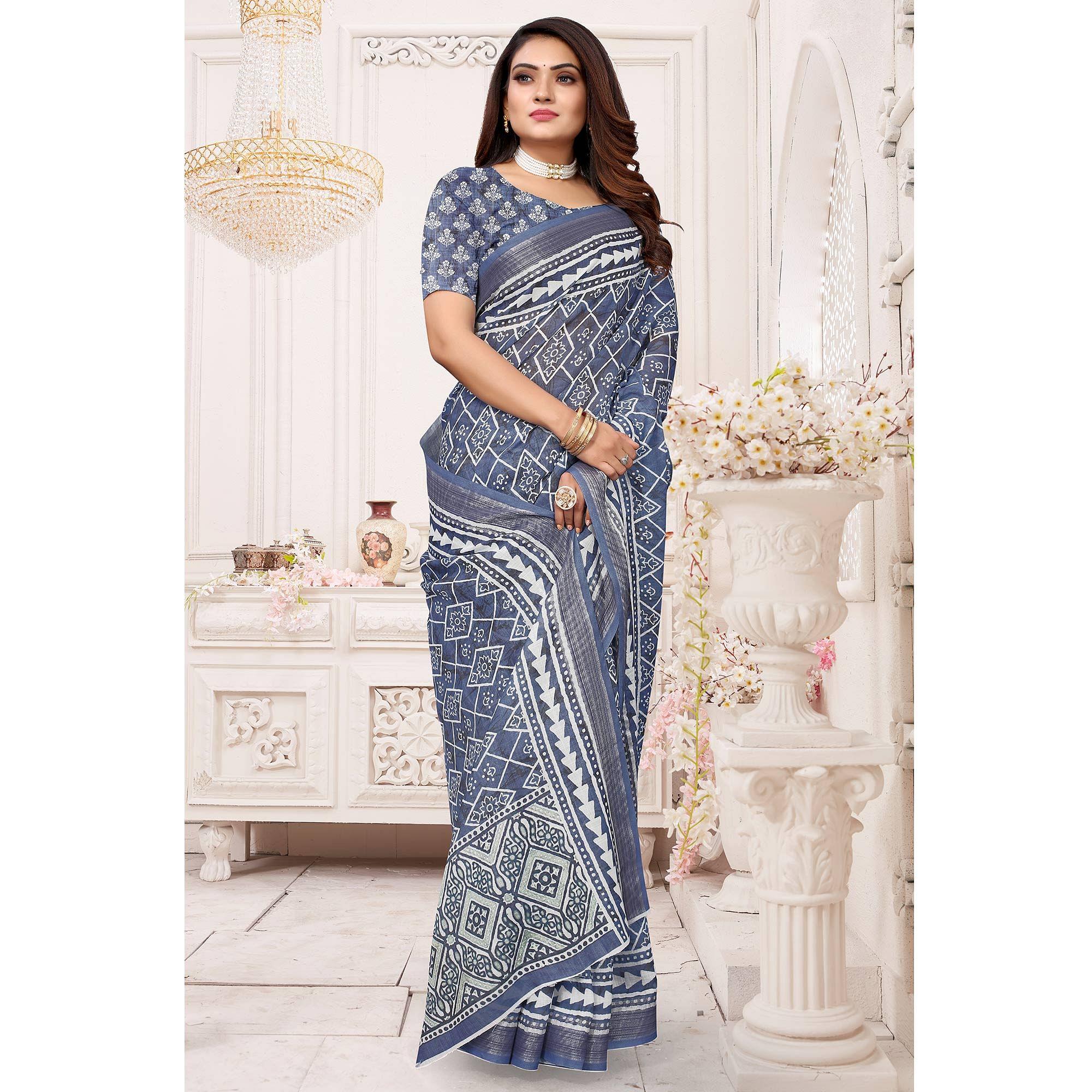 Blue Printed Linen Saree - Peachmode