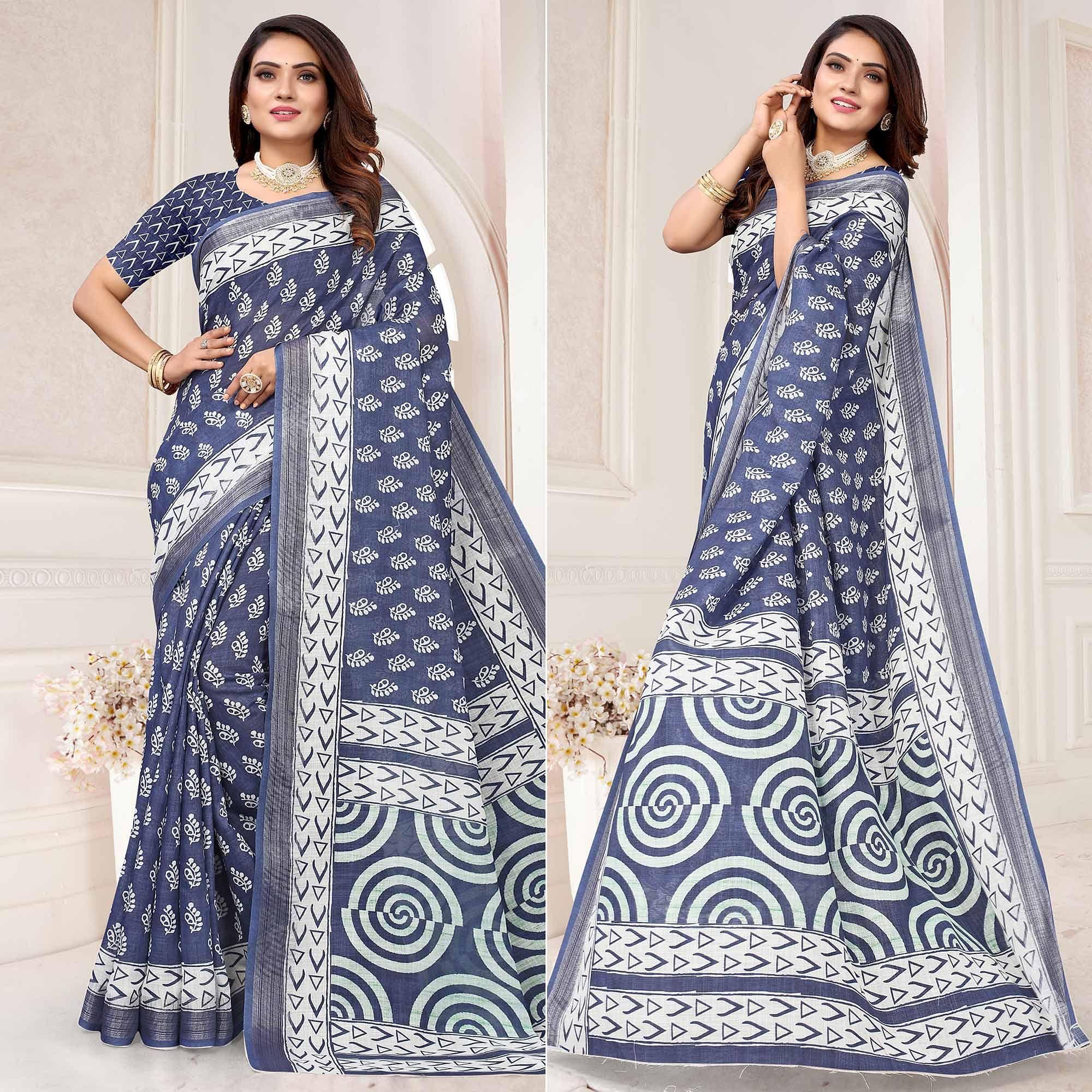 Blue Printed Linen Saree - Peachmode