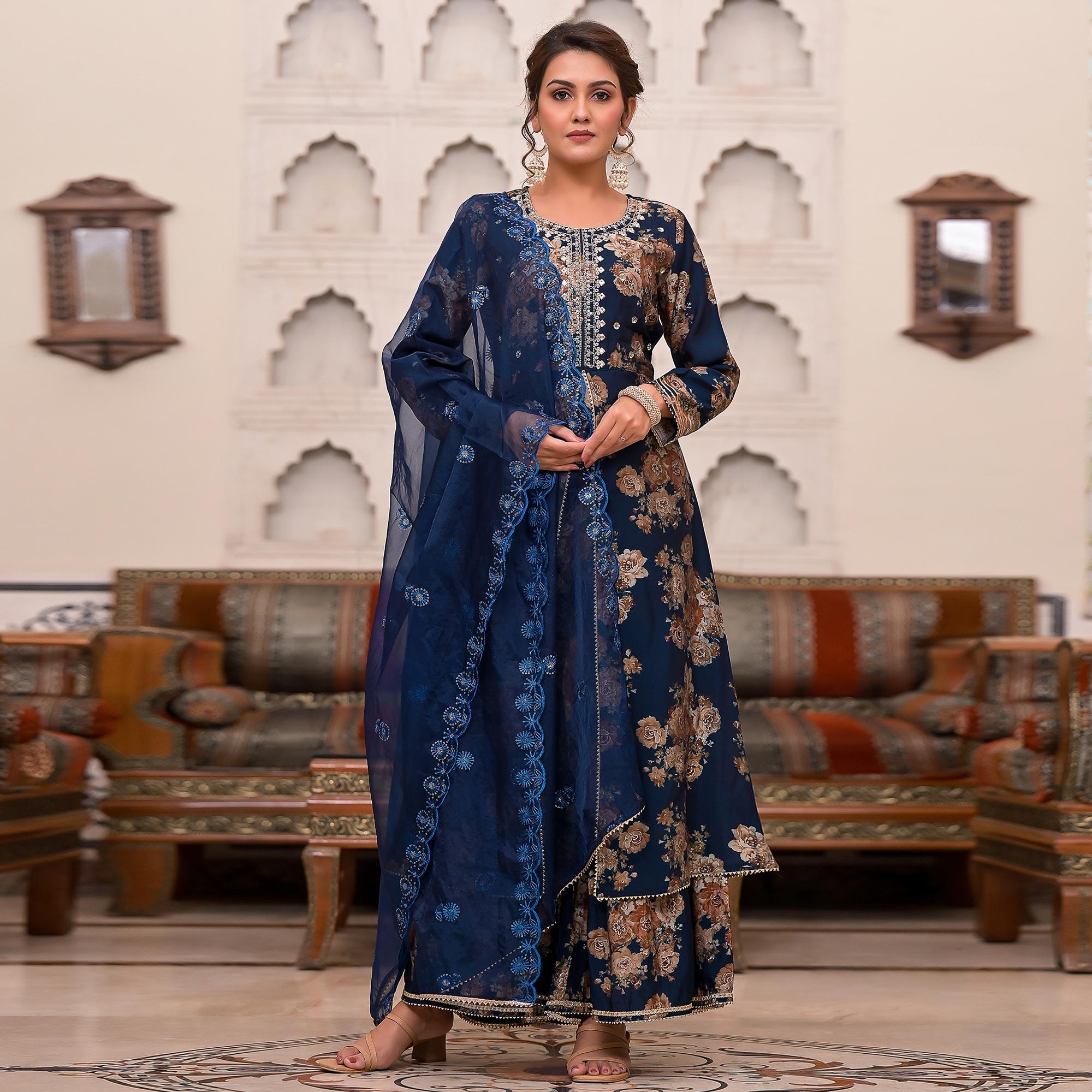 Blue Printed Muslin Sharara Suit - Peachmode