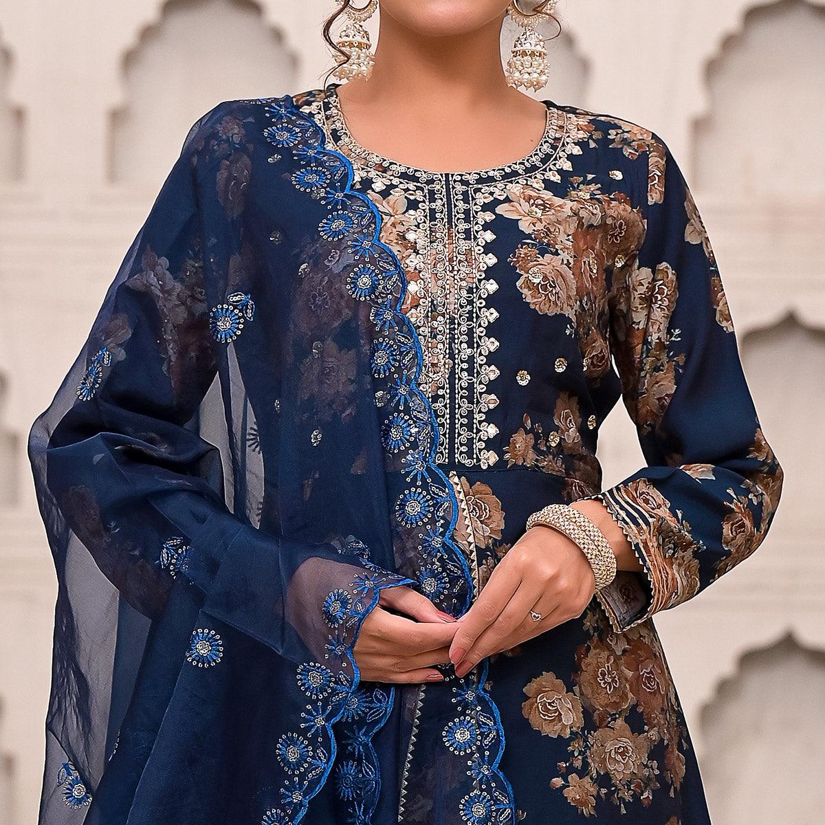 Blue Printed Muslin Sharara Suit - Peachmode