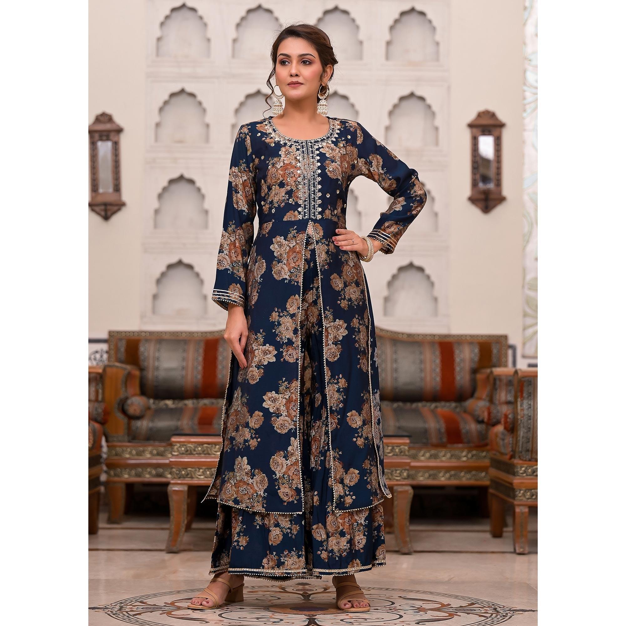 Blue Printed Muslin Sharara Suit - Peachmode