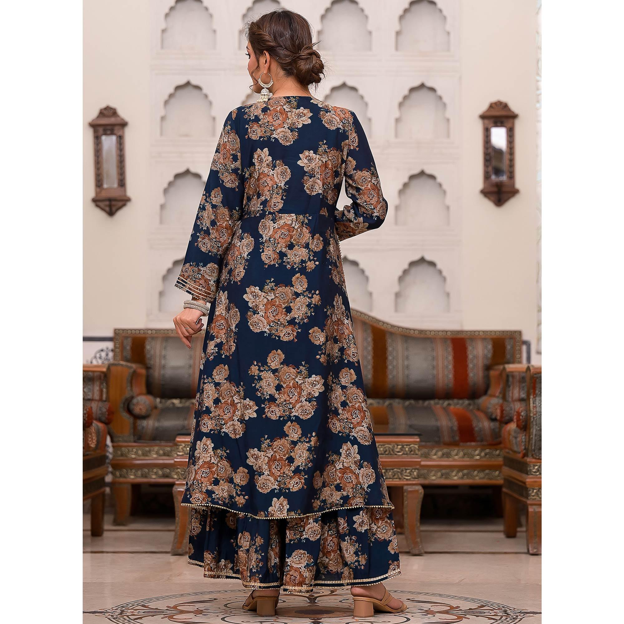 Blue Printed Muslin Sharara Suit - Peachmode