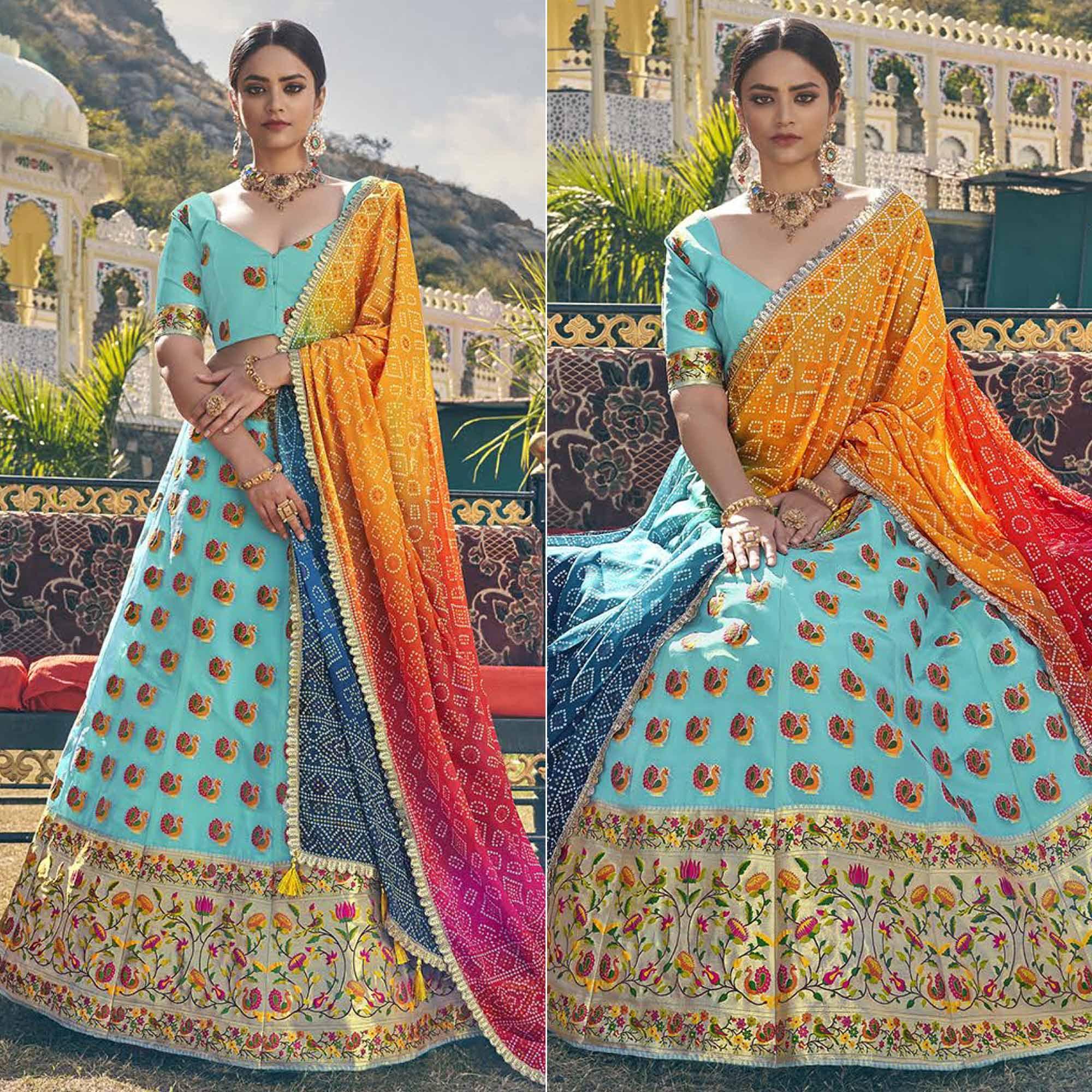 Blue Printed Organza Lehenga Choli - Peachmode