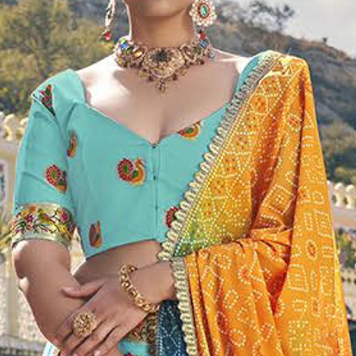 Blue Printed Organza Lehenga Choli - Peachmode