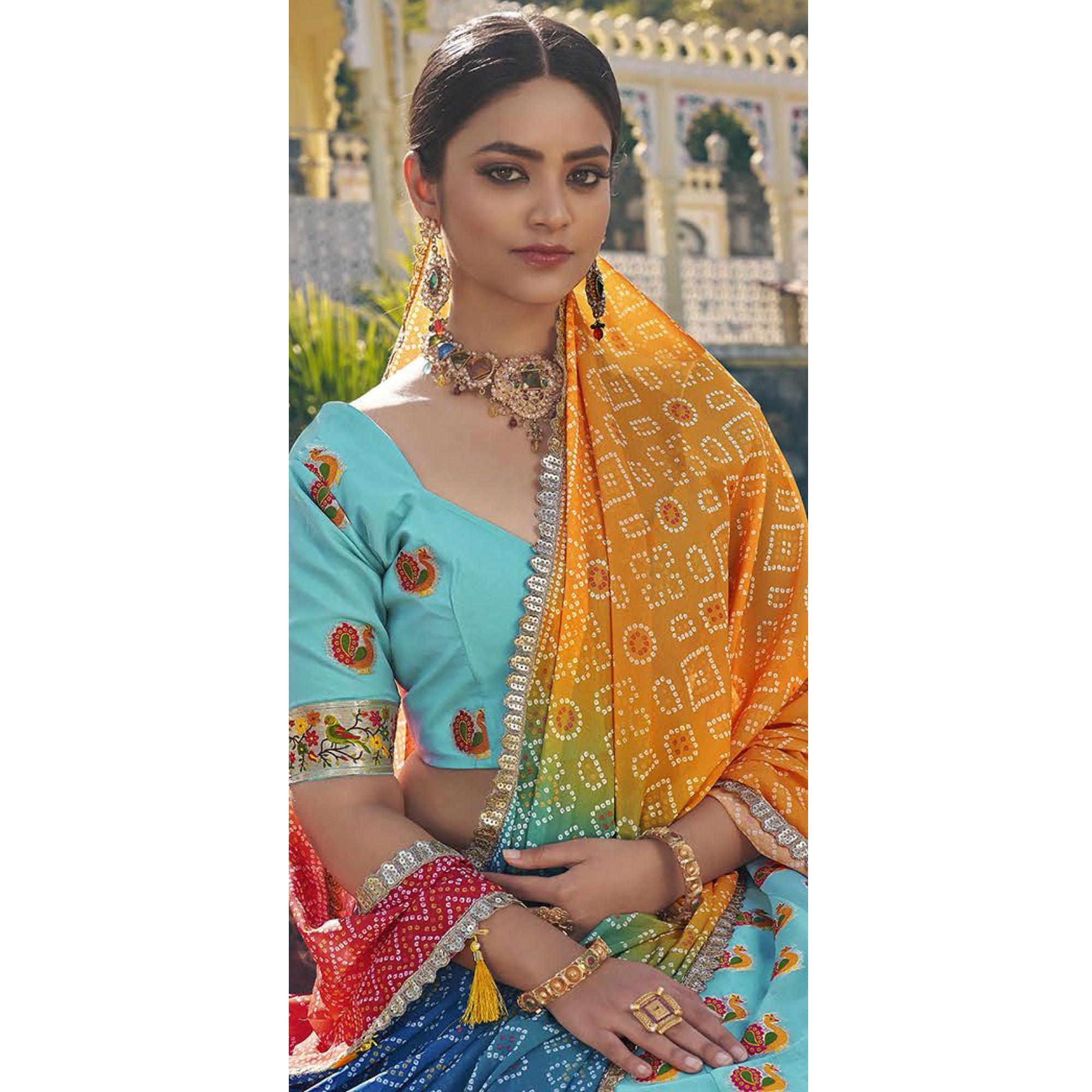 Blue Printed Organza Lehenga Choli - Peachmode