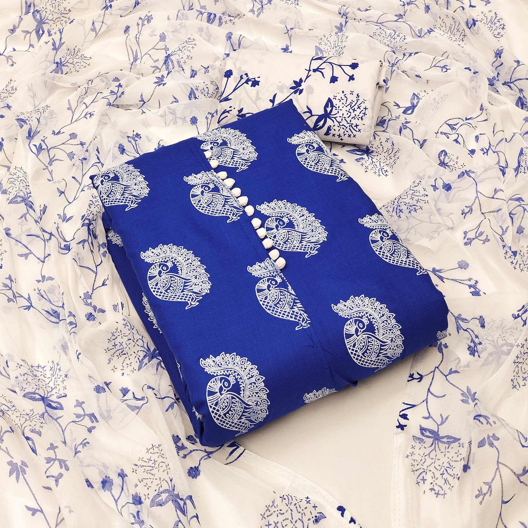 Blue Printed Poly Cotton Dress Material - Peachmode