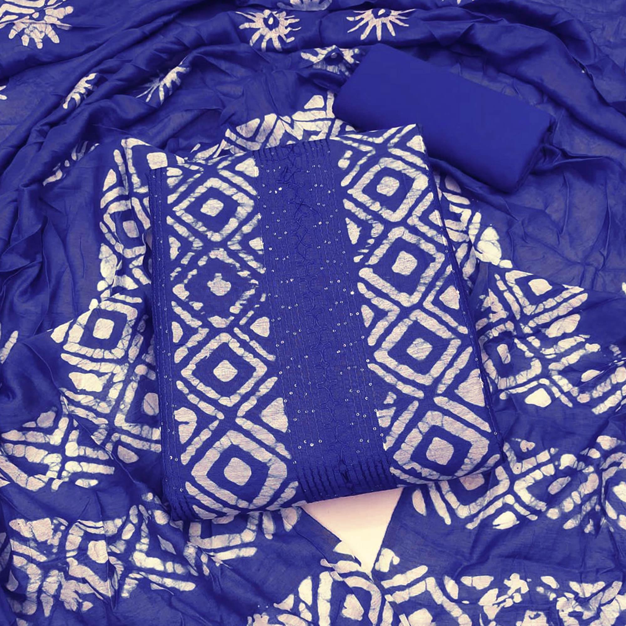 Blue Printed Poly Cotton Dress Material - Peachmode