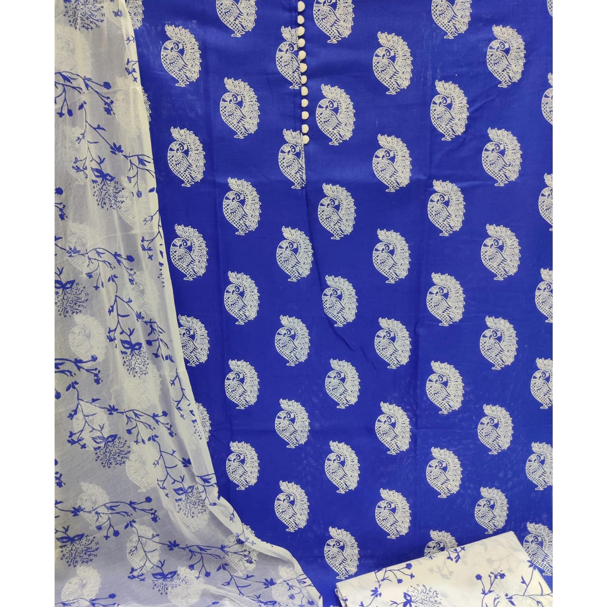 Blue Printed Poly Cotton Dress Material - Peachmode