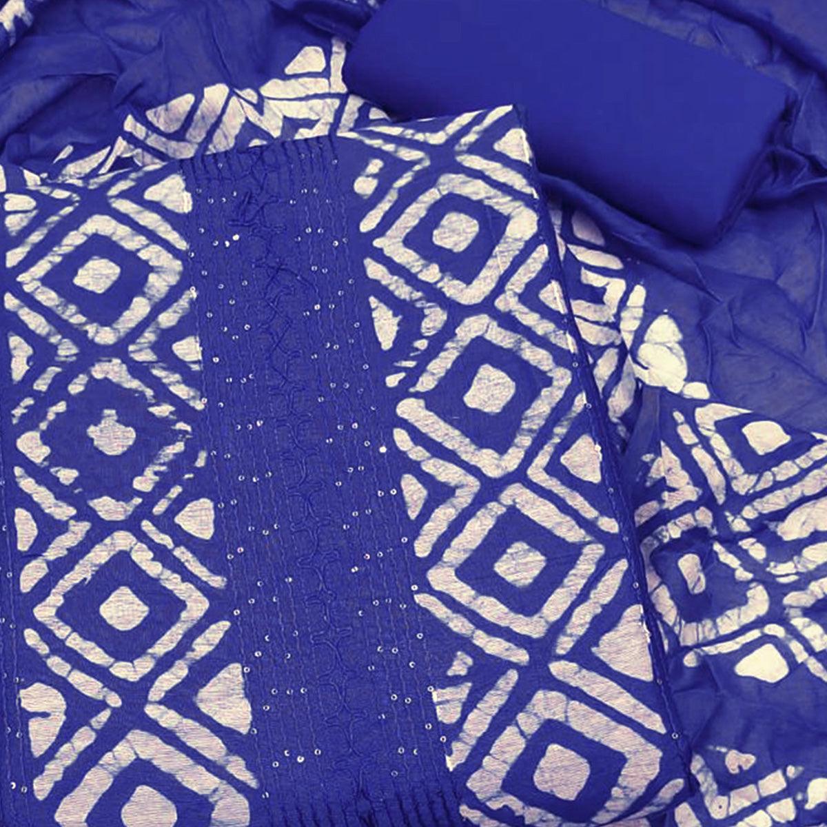 Blue Printed Poly Cotton Dress Material - Peachmode