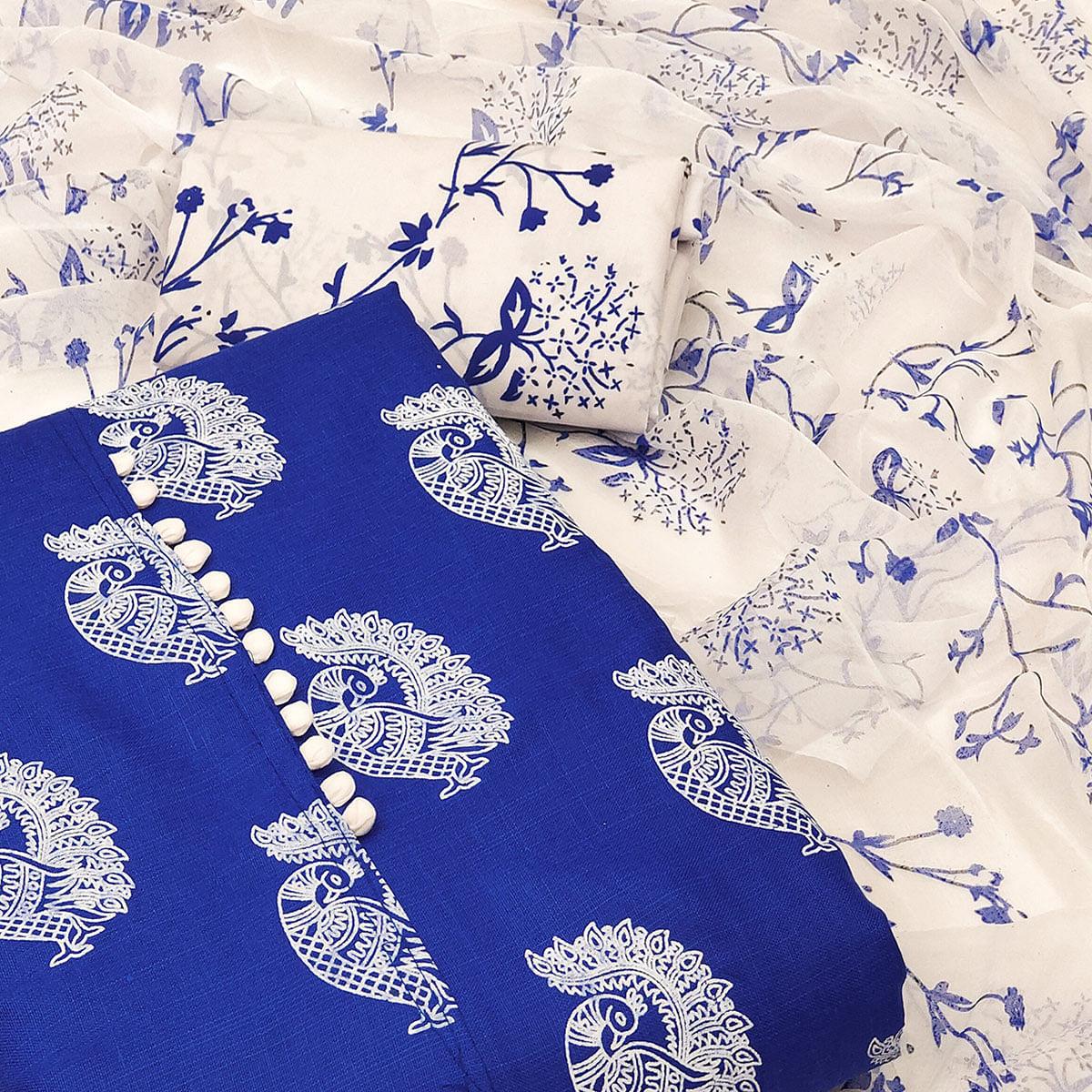 Blue Printed Poly Cotton Dress Material - Peachmode