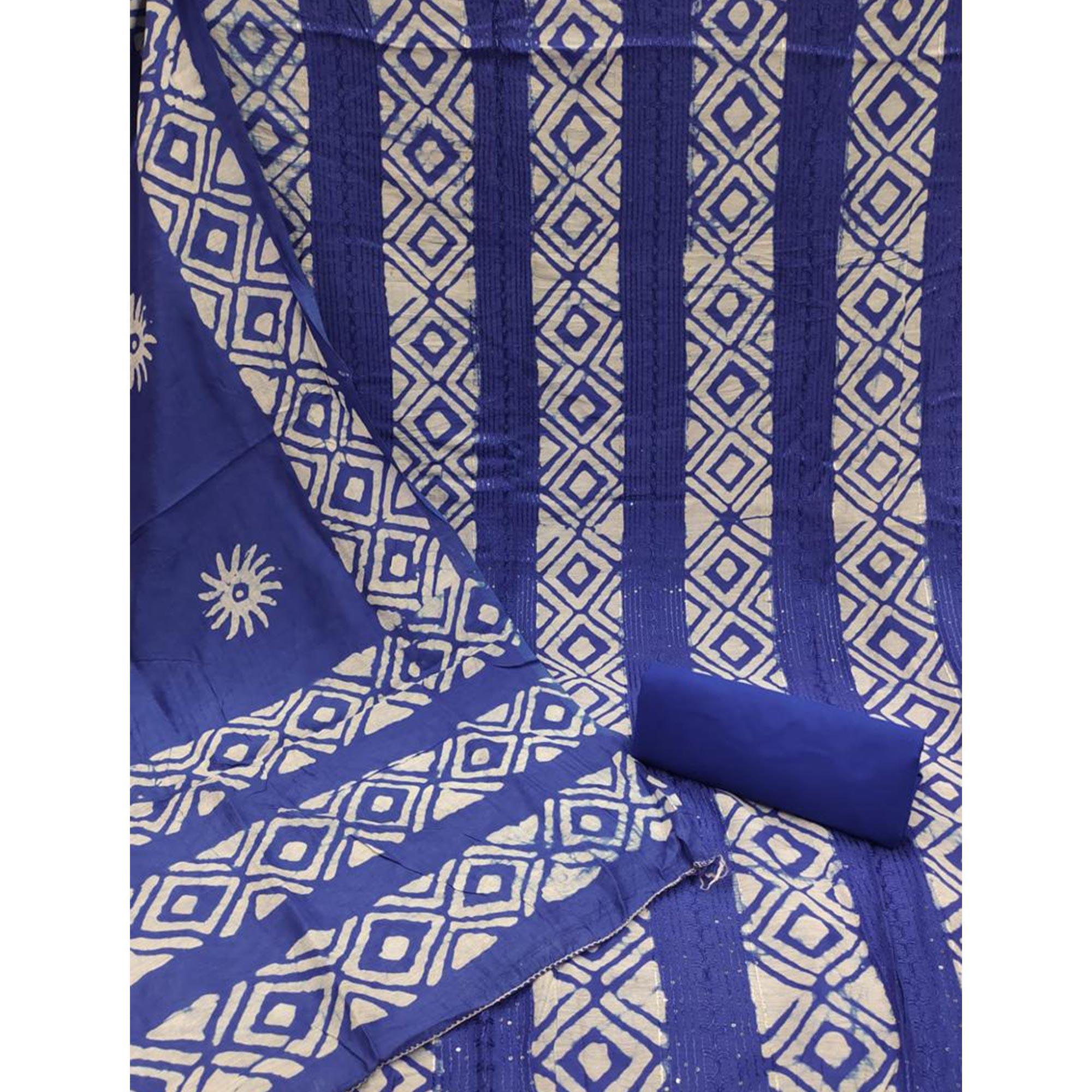 Blue Printed Poly Cotton Dress Material - Peachmode