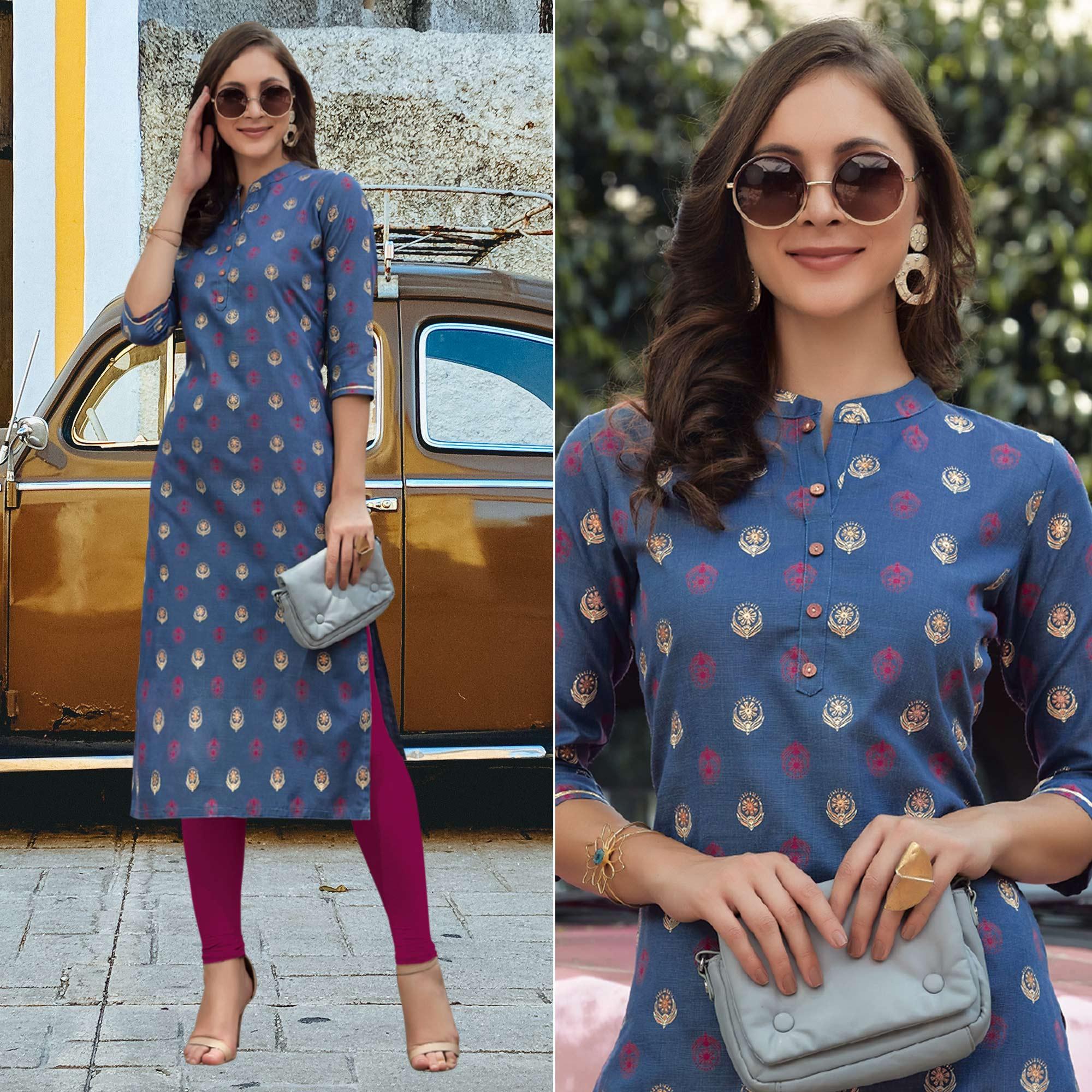 Blue Printed Poly Cotton Kurti - Peachmode