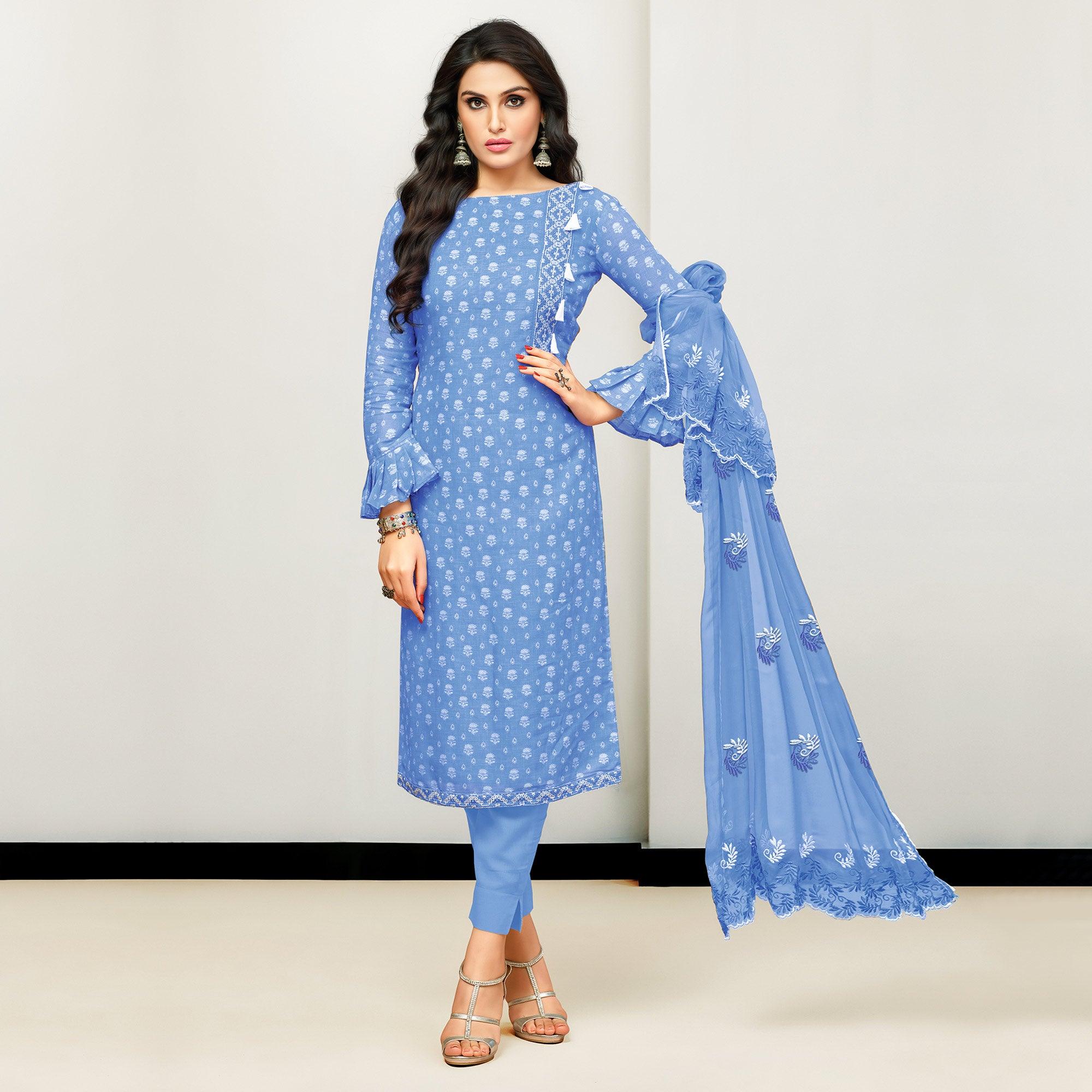 Blue Printed Poly Cotton Suit - Peachmode