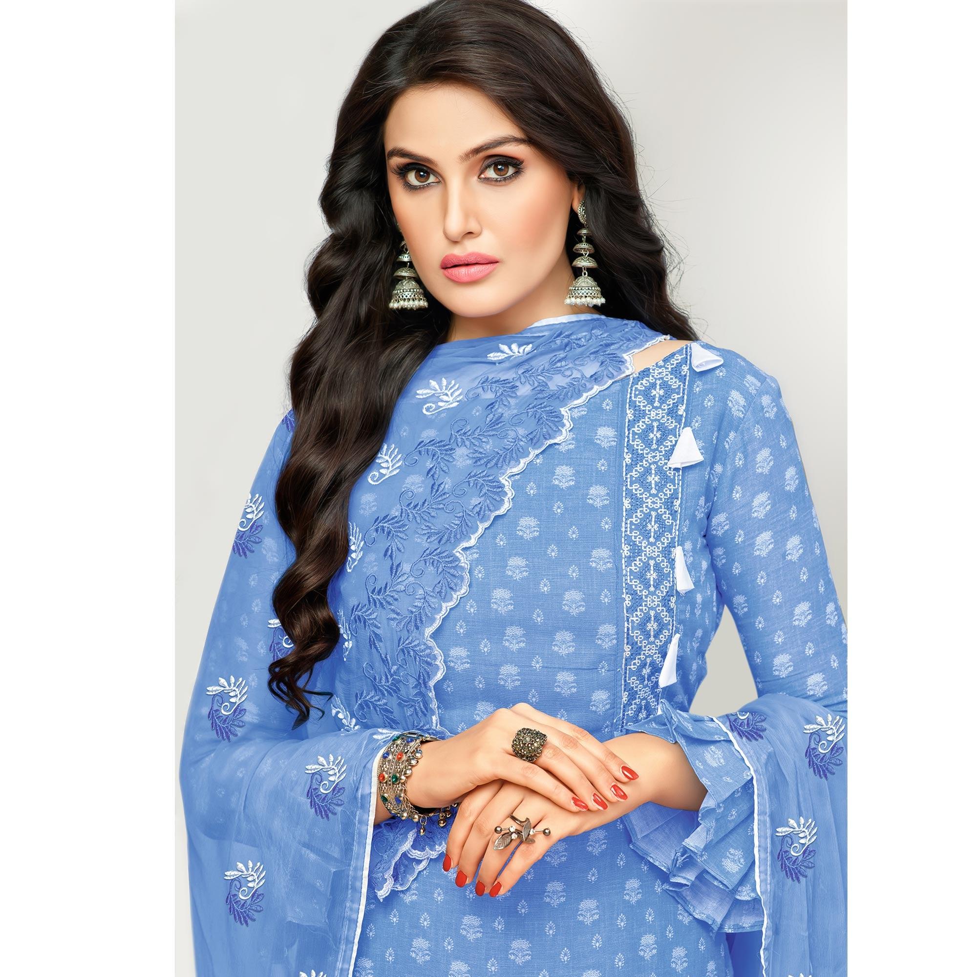 Blue Printed Poly Cotton Suit - Peachmode