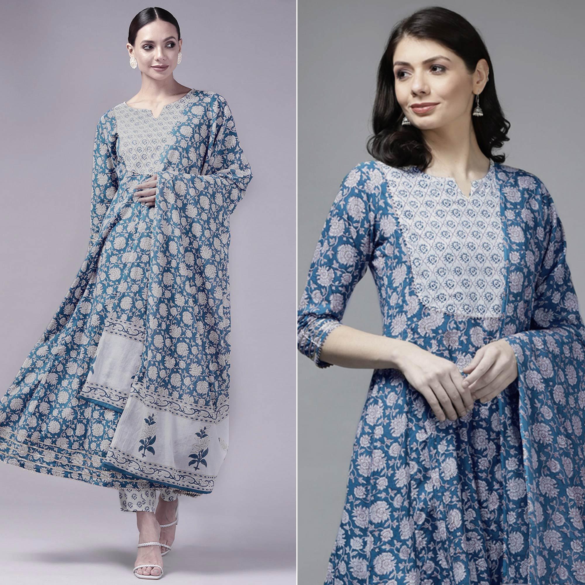 Blue Printed Pure Cotton Anarkali Suit - Peachmode