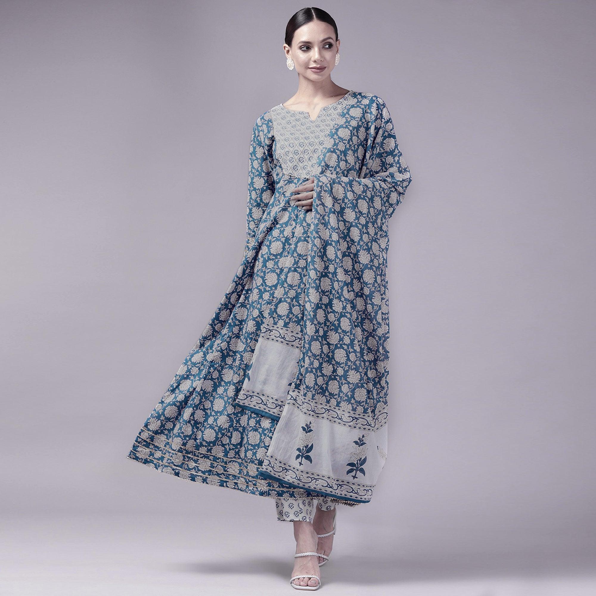 Blue Printed Pure Cotton Anarkali Suit - Peachmode