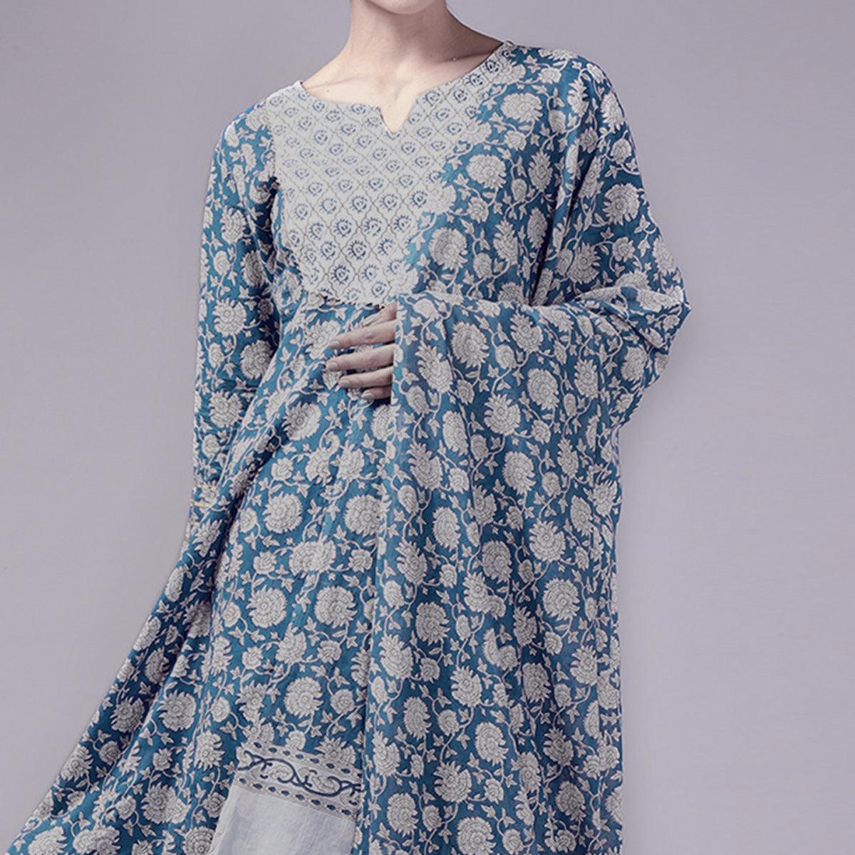 Blue Printed Pure Cotton Anarkali Suit - Peachmode