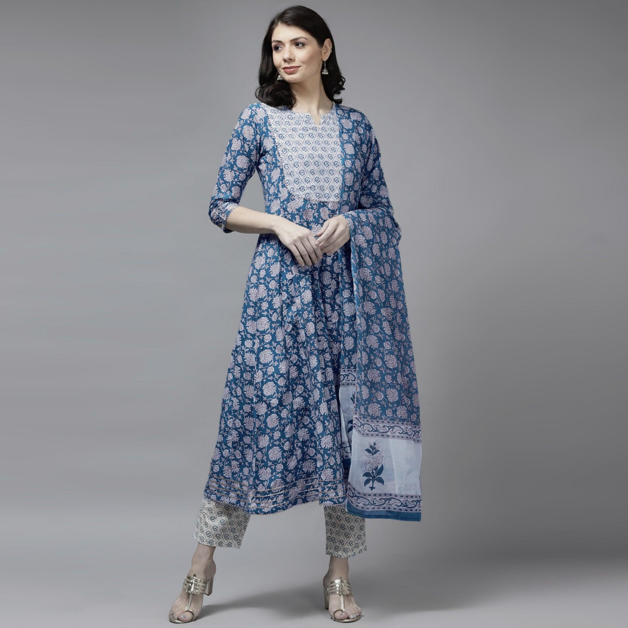 Blue Printed Pure Cotton Anarkali Suit - Peachmode