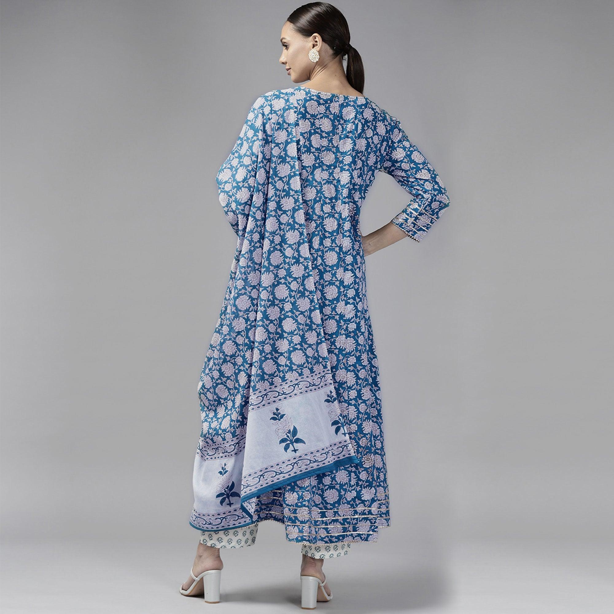 Blue Printed Pure Cotton Anarkali Suit - Peachmode
