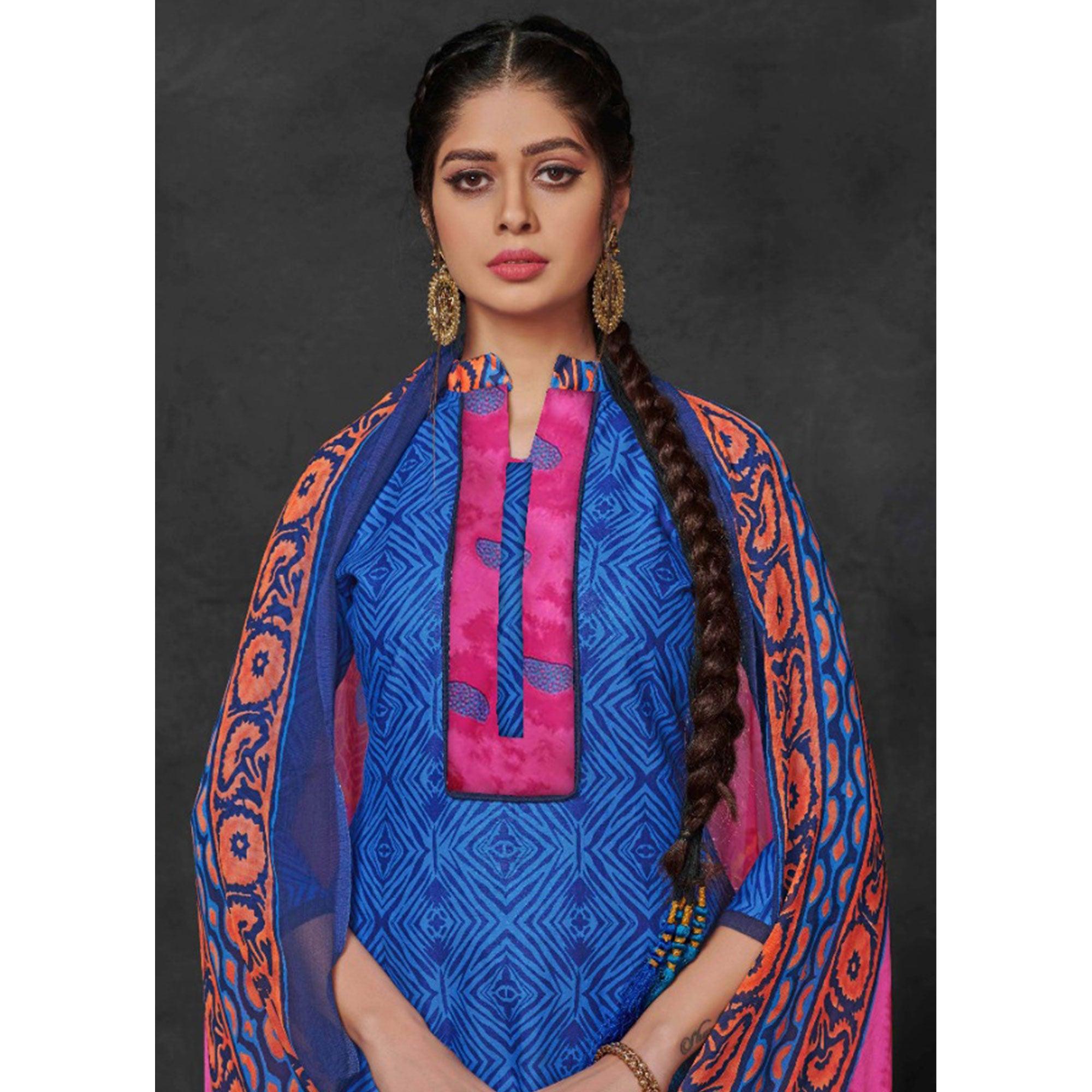Blue Printed Pure Cotton Dress Material - Peachmode