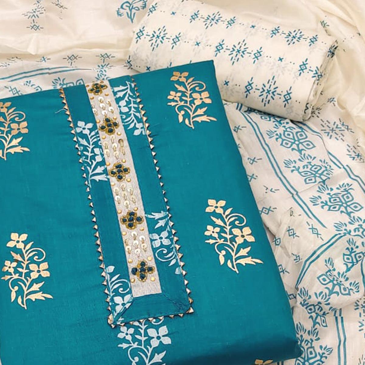 Blue Printed Pure Cotton Dress Material - Peachmode