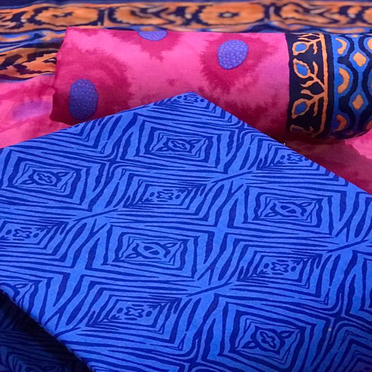 Blue Printed Pure Cotton Dress Material - Peachmode