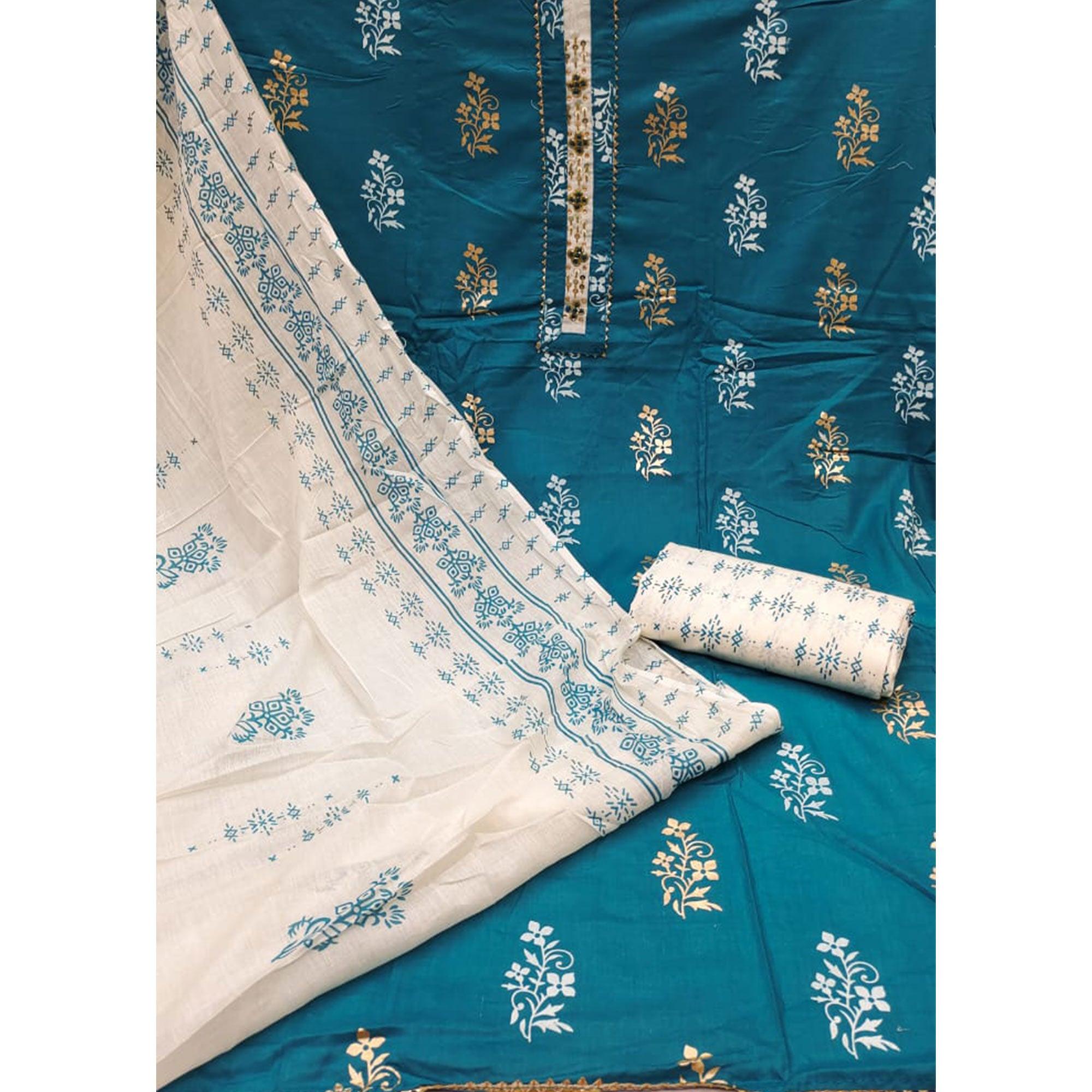 Blue Printed Pure Cotton Dress Material - Peachmode