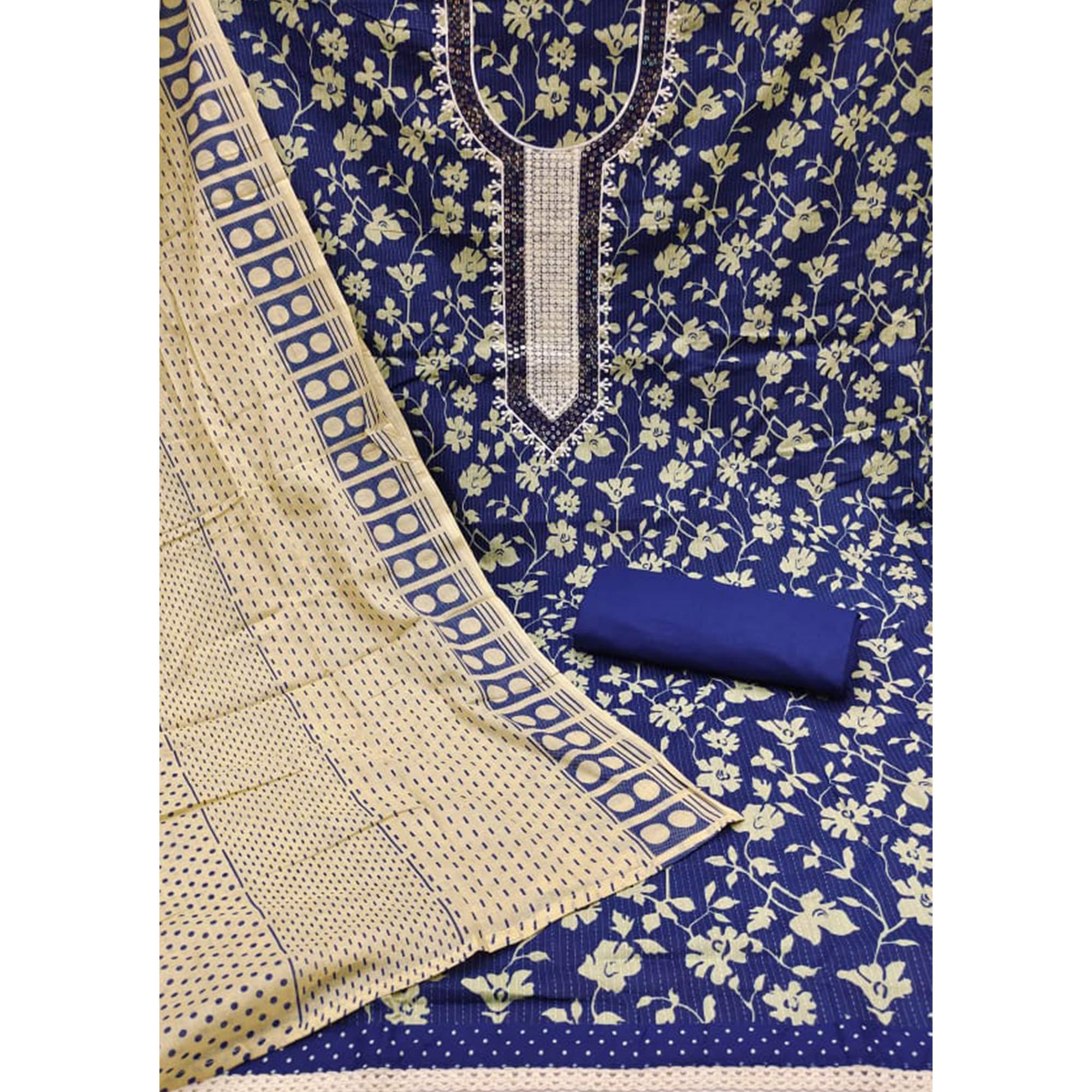 Blue Printed Pure Cotton Dress Material - Peachmode