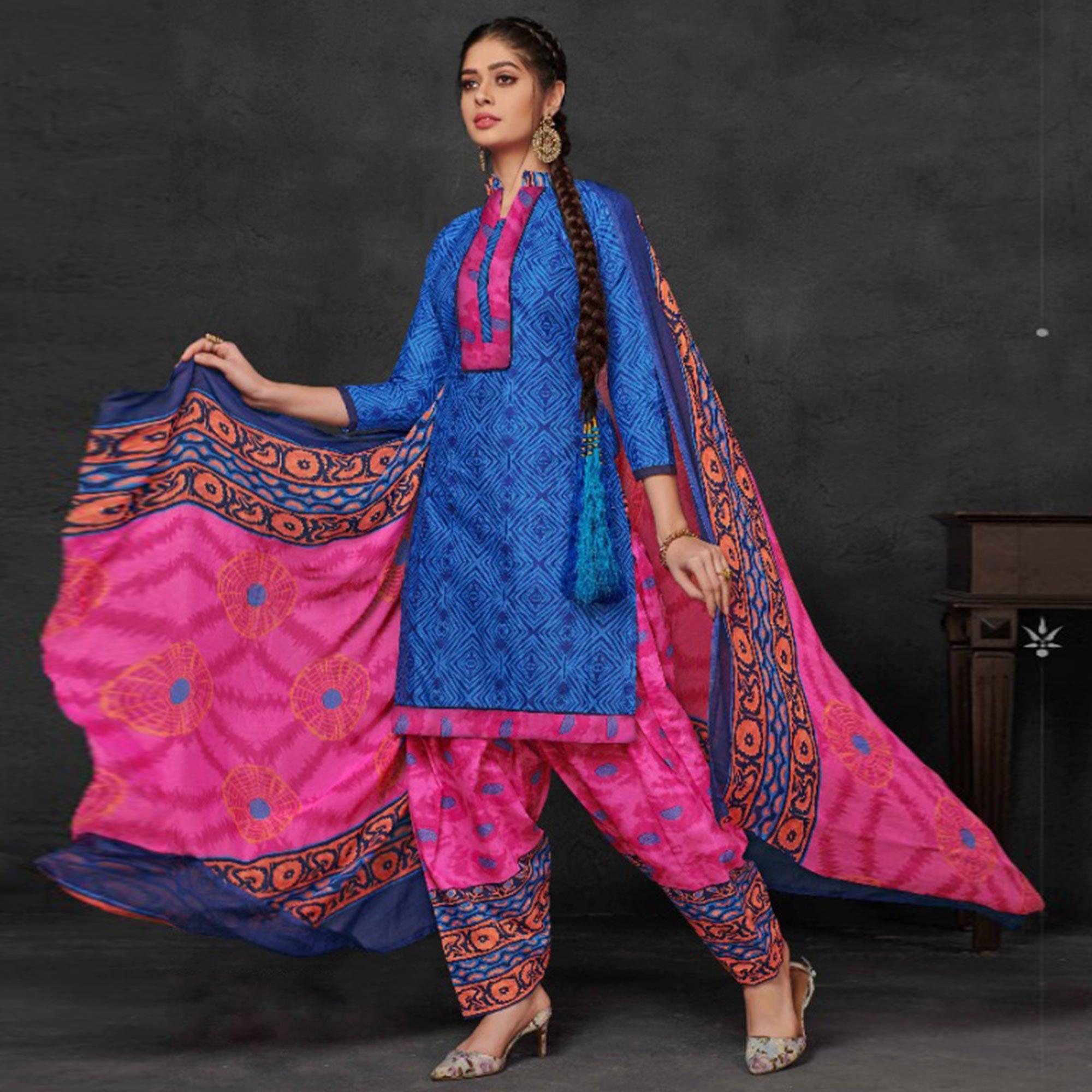 Blue Printed Pure Cotton Dress Material - Peachmode