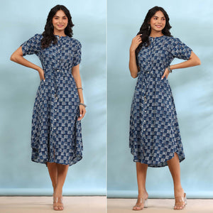 Blue Printed Pure Cotton Dress - Peachmode
