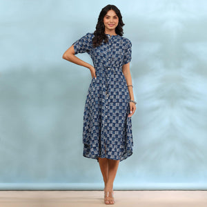 Blue Printed Pure Cotton Dress - Peachmode