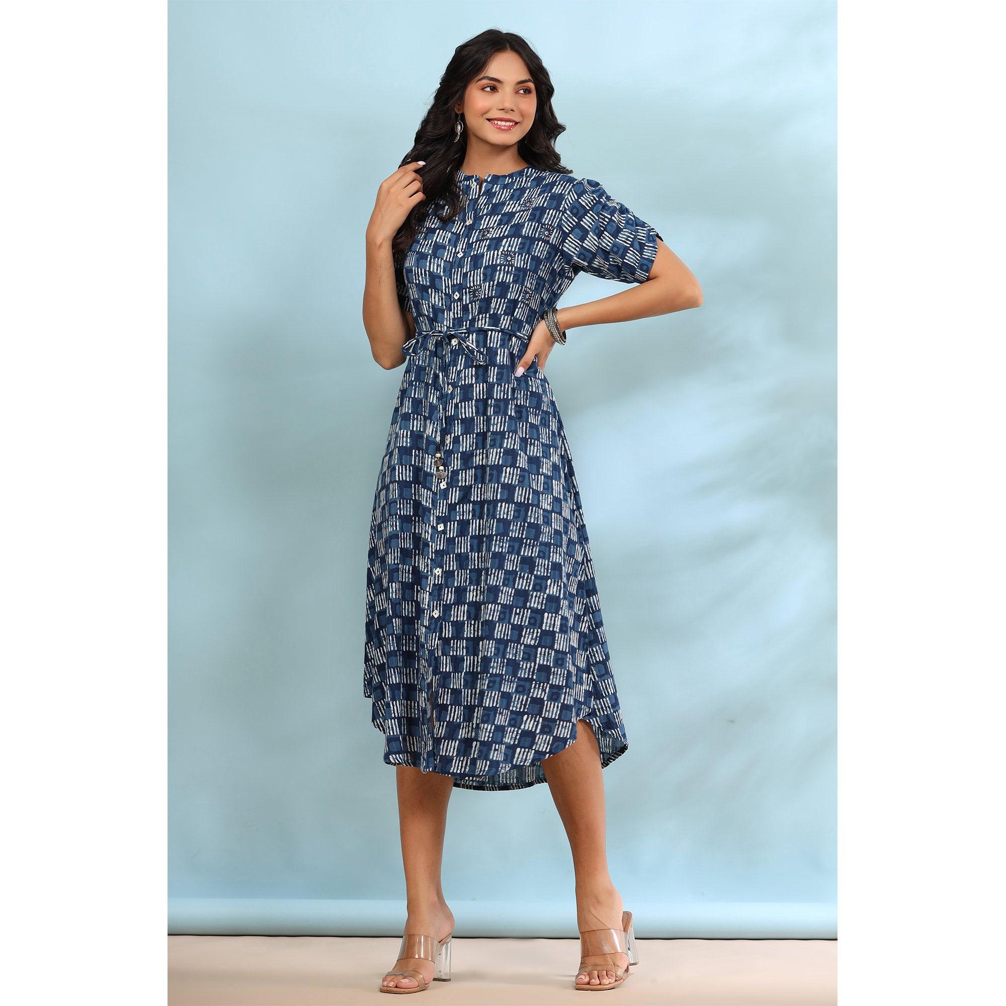 Blue Printed Pure Cotton Dress - Peachmode