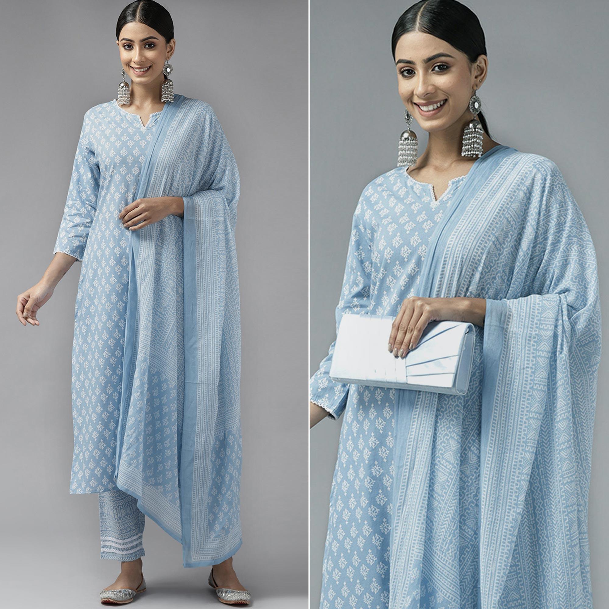 Blue Printed Pure Cotton Kurti Pant Set With Dupatta - Peachmode