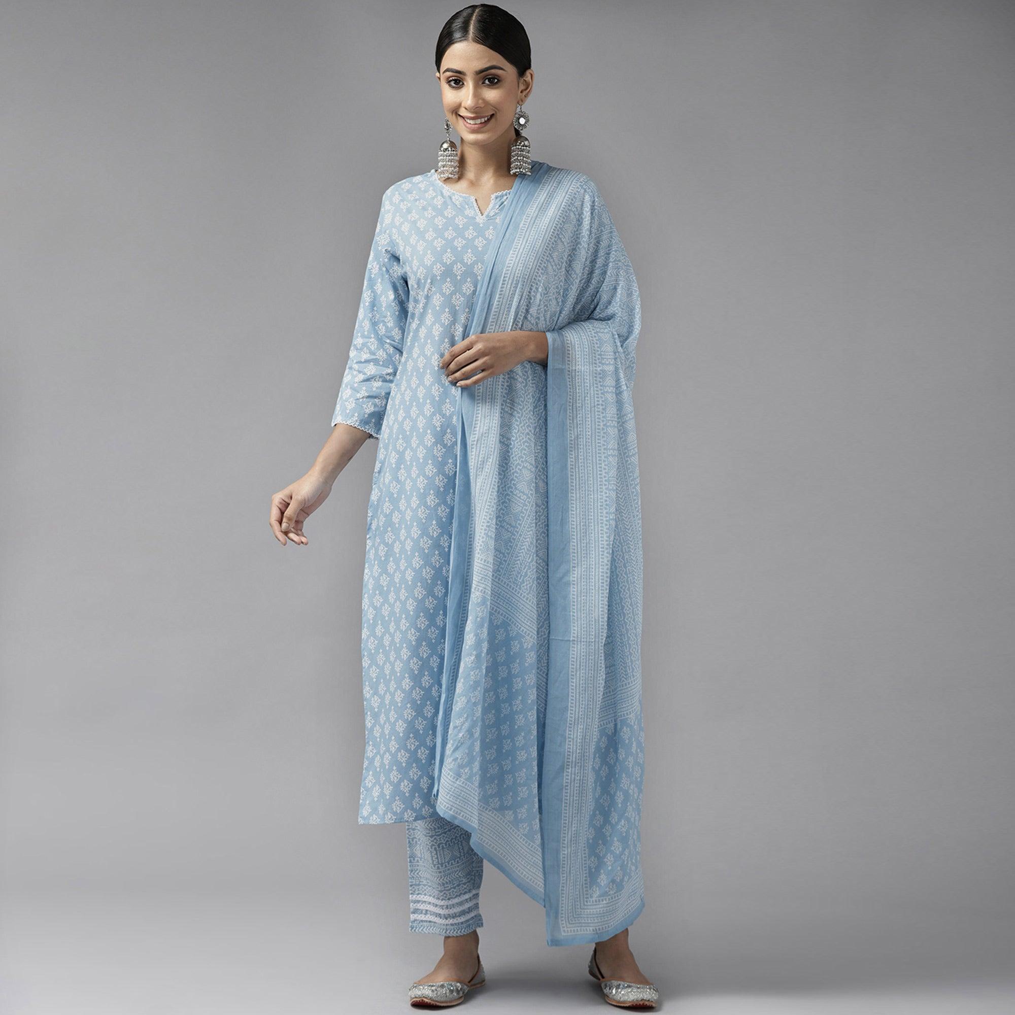 Blue Printed Pure Cotton Kurti Pant Set With Dupatta - Peachmode