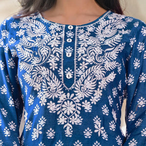 Blue Printed Pure Cotton Kurti Pant Set With Dupatta - Peachmode