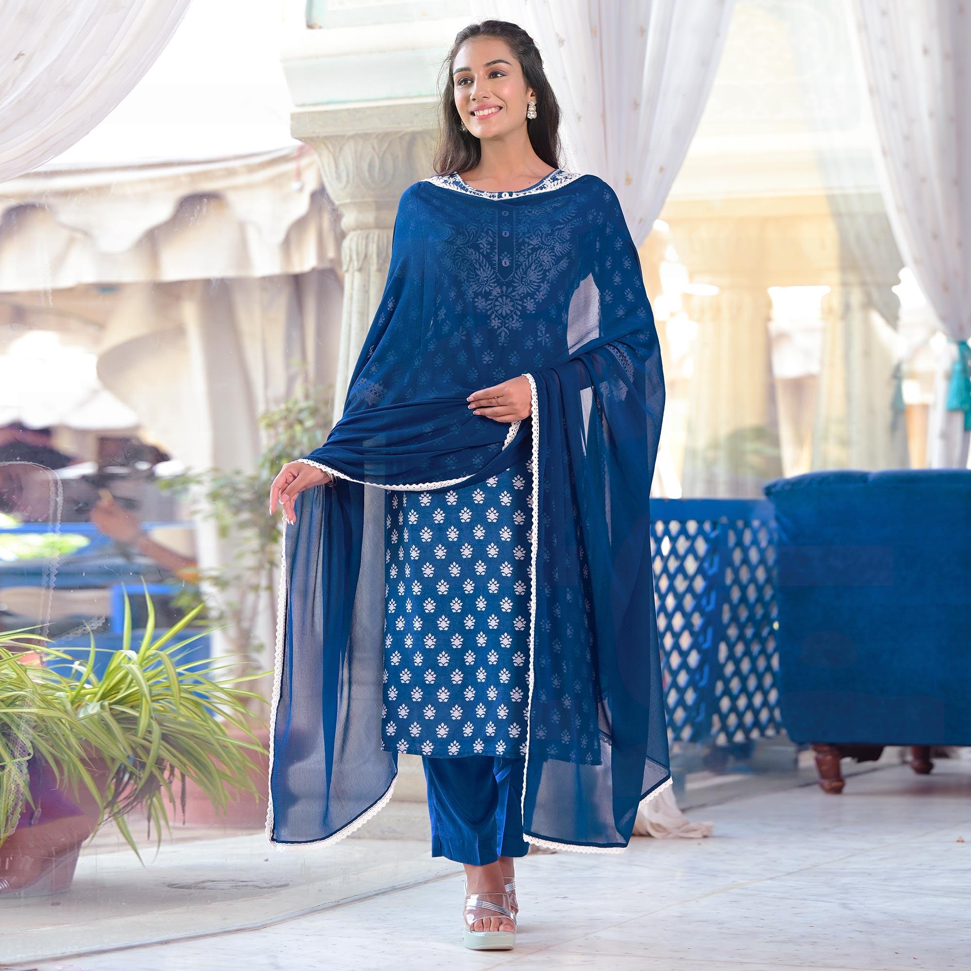 Blue Printed Pure Cotton Kurti Pant Set With Dupatta - Peachmode