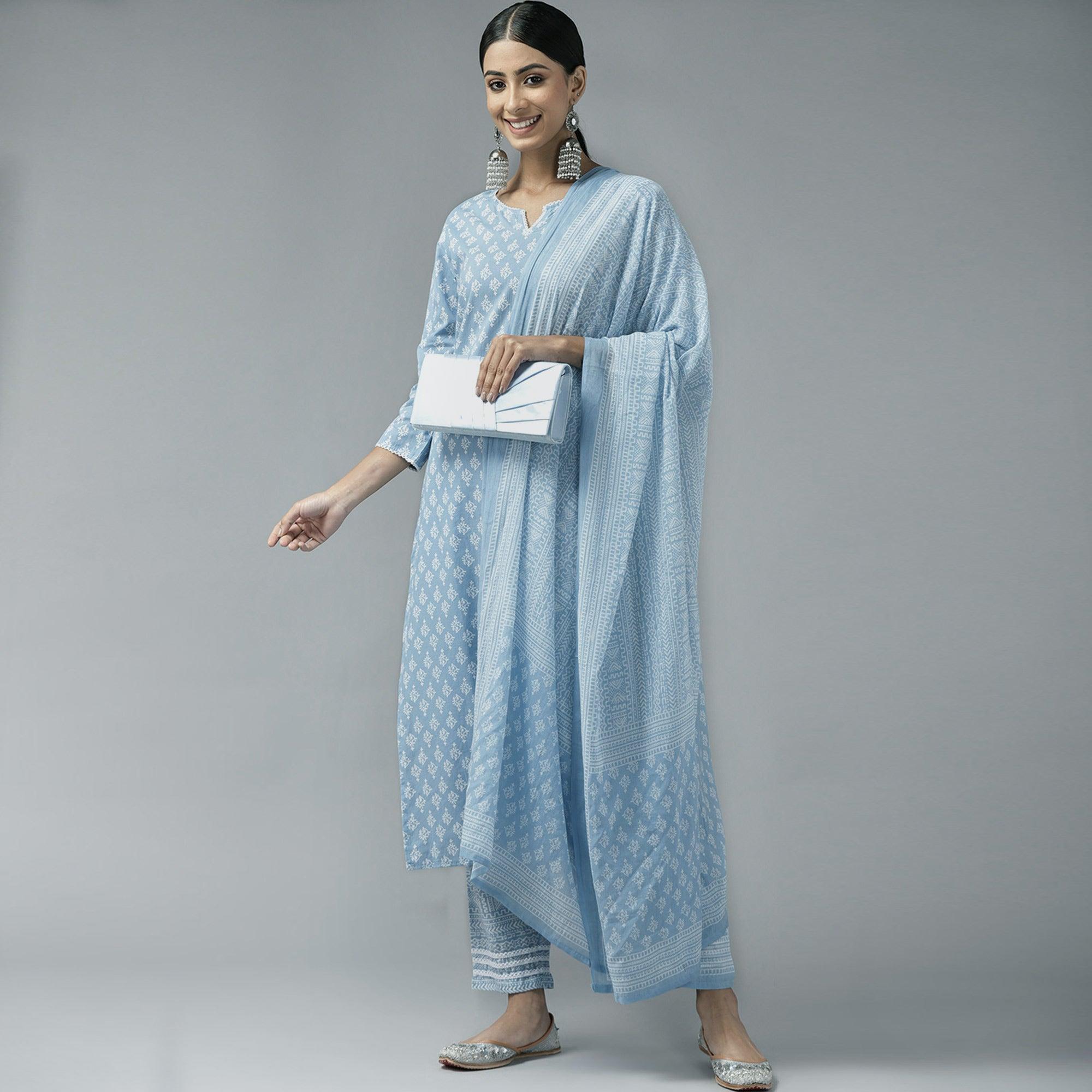 Blue Printed Pure Cotton Kurti Pant Set With Dupatta - Peachmode