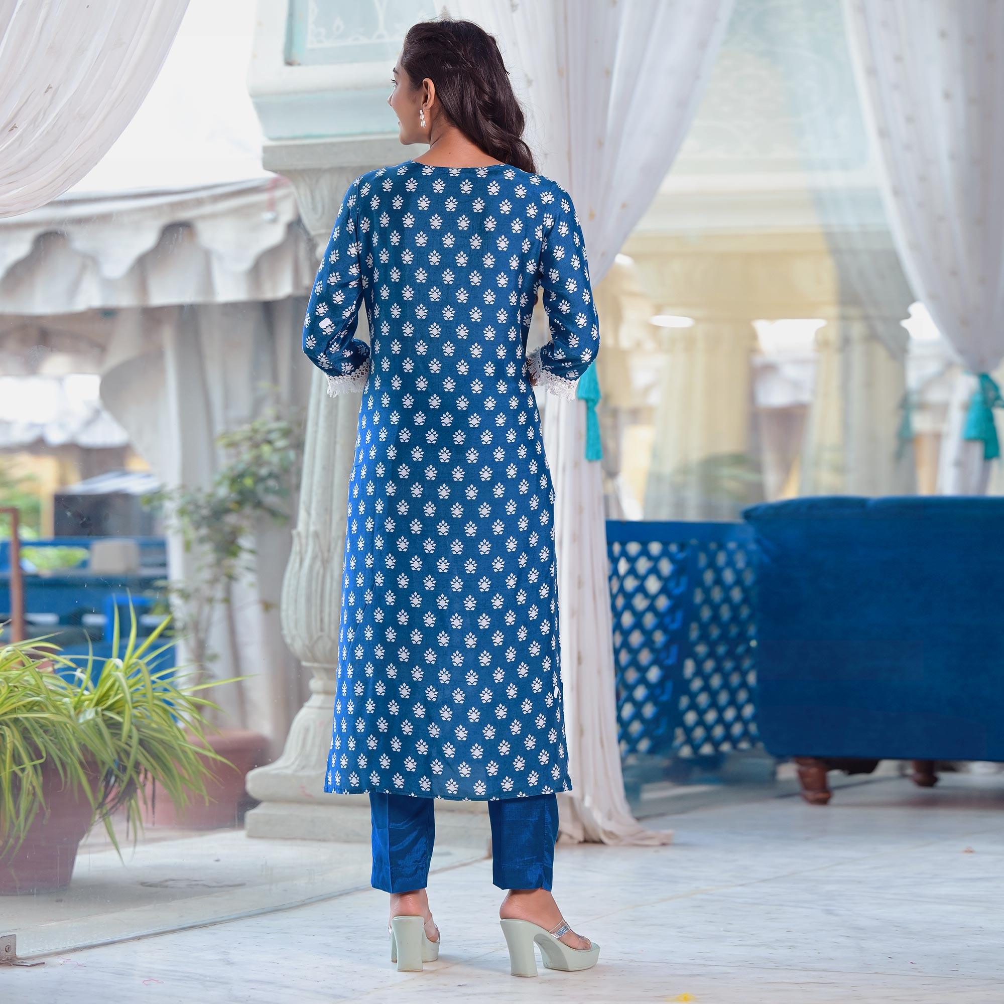 Blue Printed Pure Cotton Kurti Pant Set With Dupatta - Peachmode