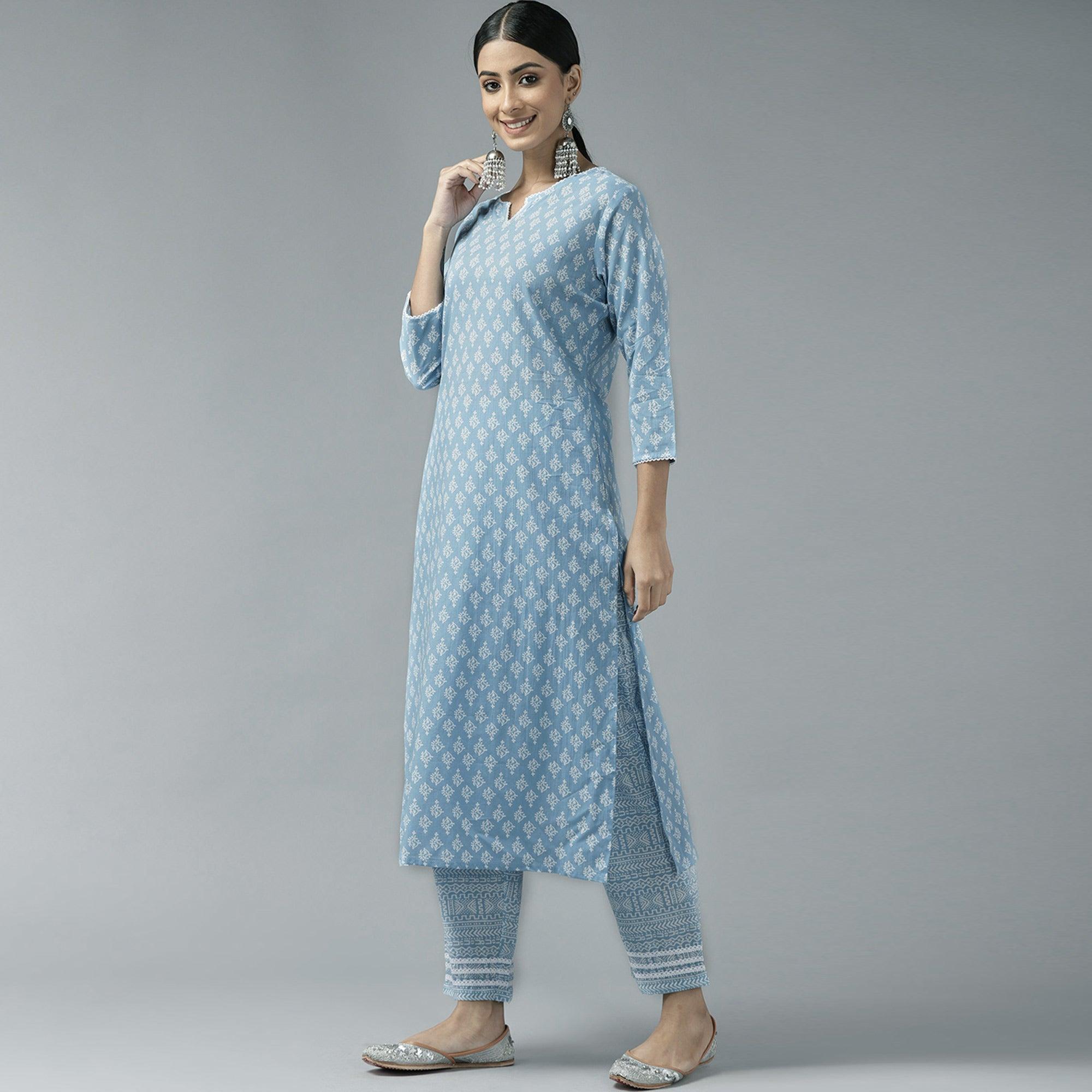 Blue Printed Pure Cotton Kurti Pant Set With Dupatta - Peachmode