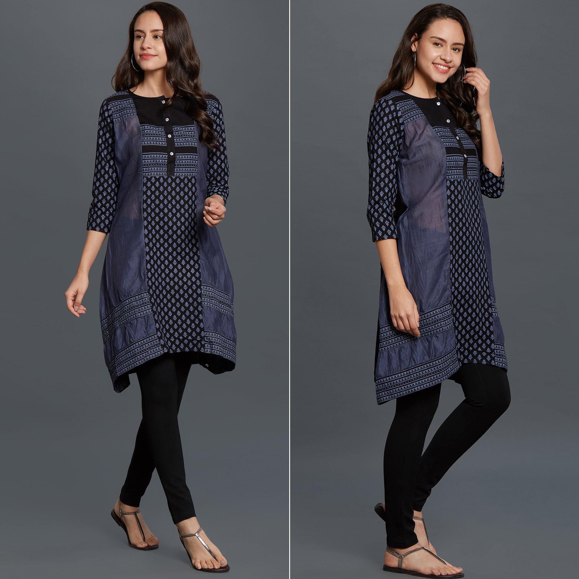 Blue Printed Pure Cotton Kurti - Peachmode