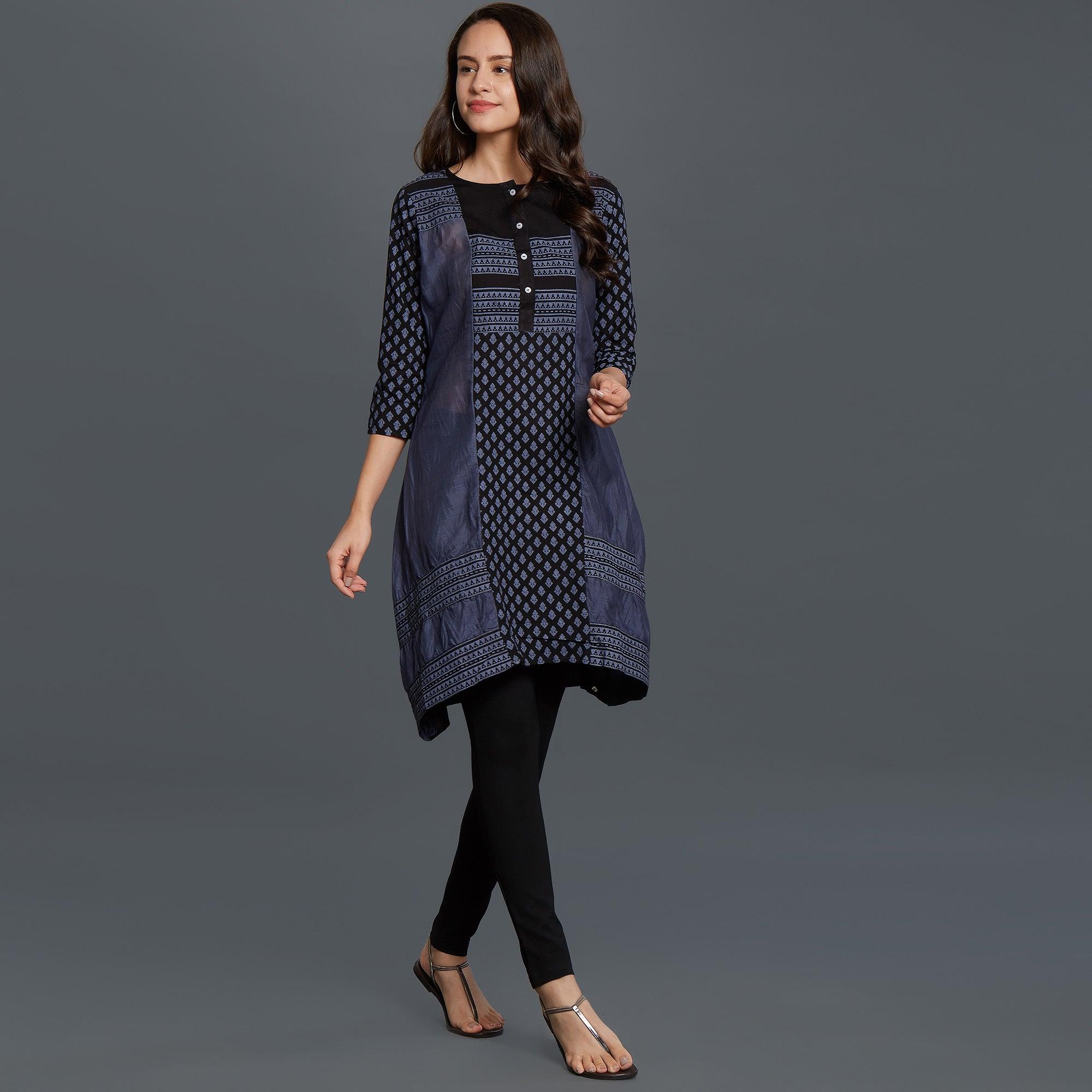 Blue Printed Pure Cotton Kurti - Peachmode