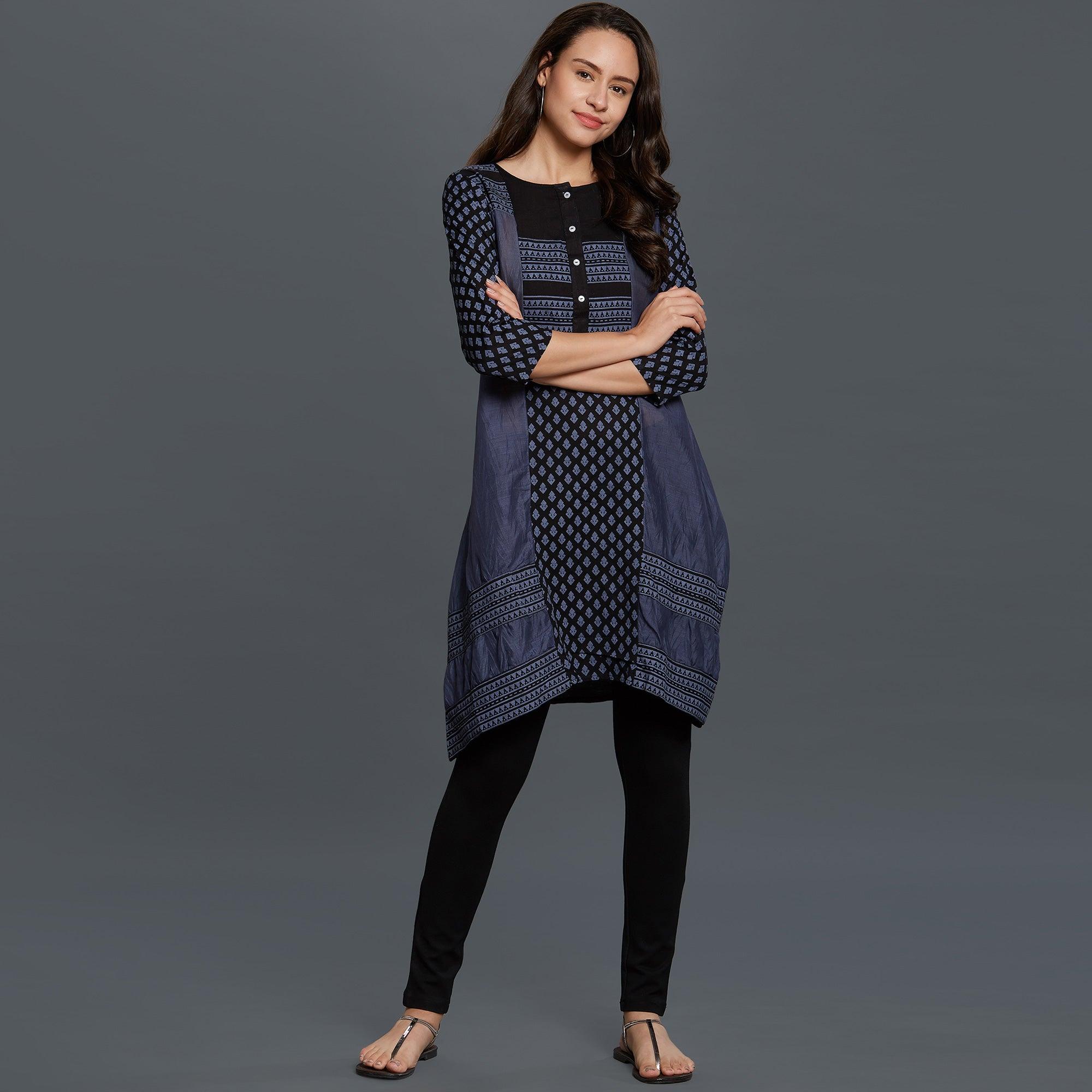 Blue Printed Pure Cotton Kurti - Peachmode