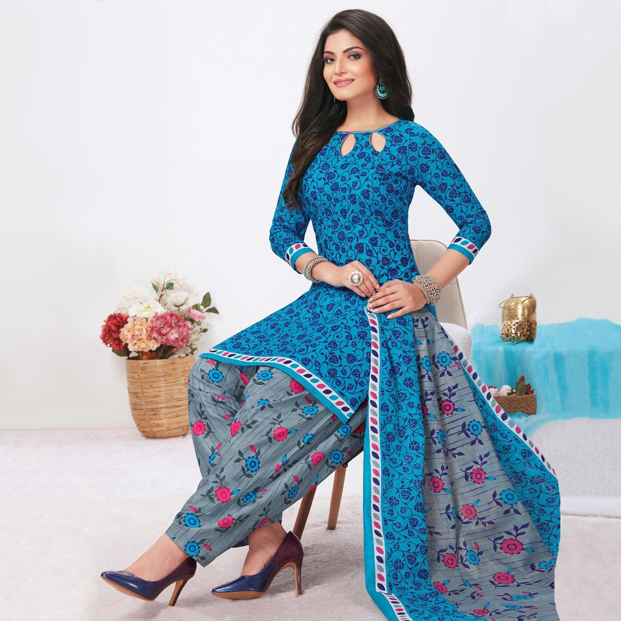 Blue Printed Pure Cotton Patiala Dress Material - Peachmode