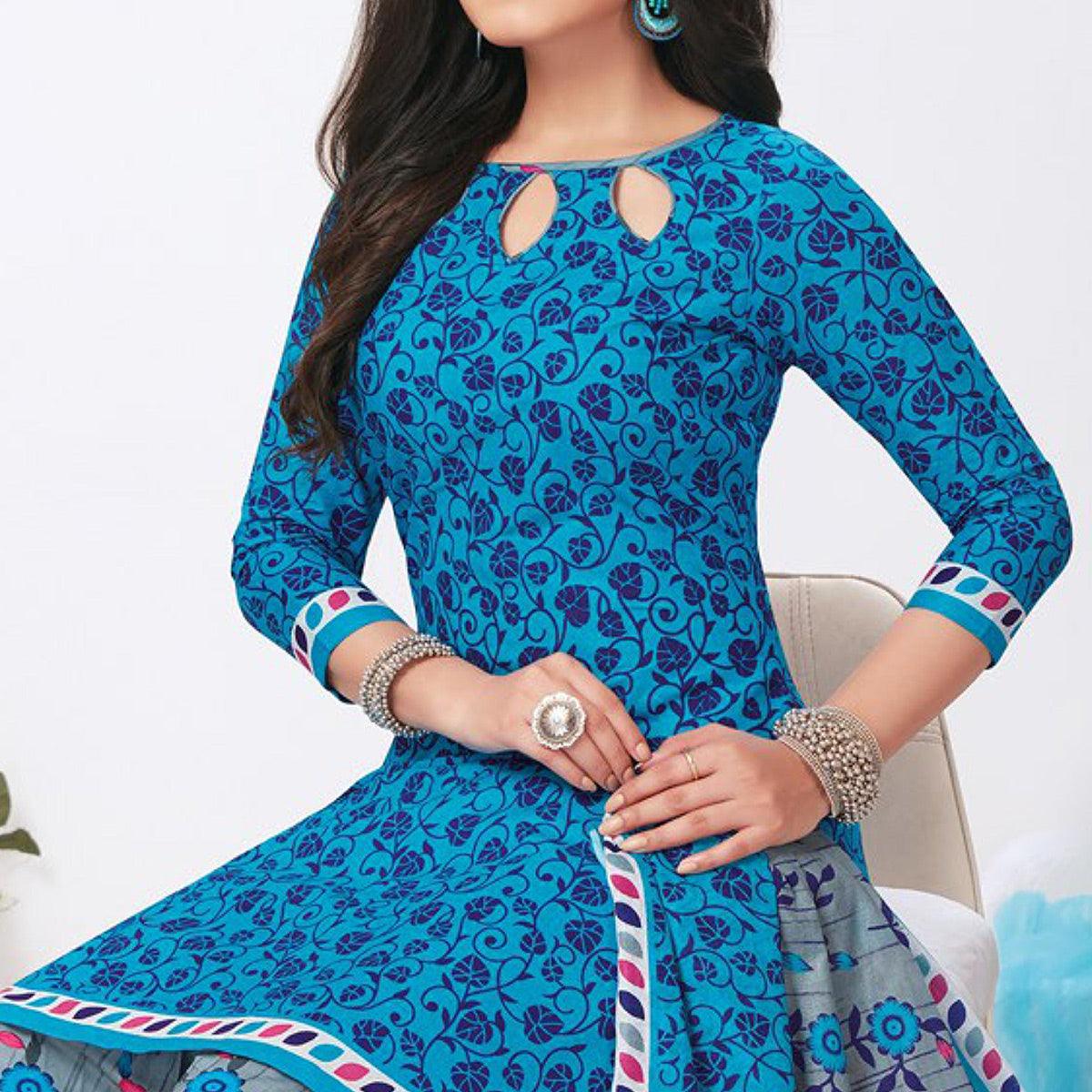 Blue Printed Pure Cotton Patiala Dress Material - Peachmode
